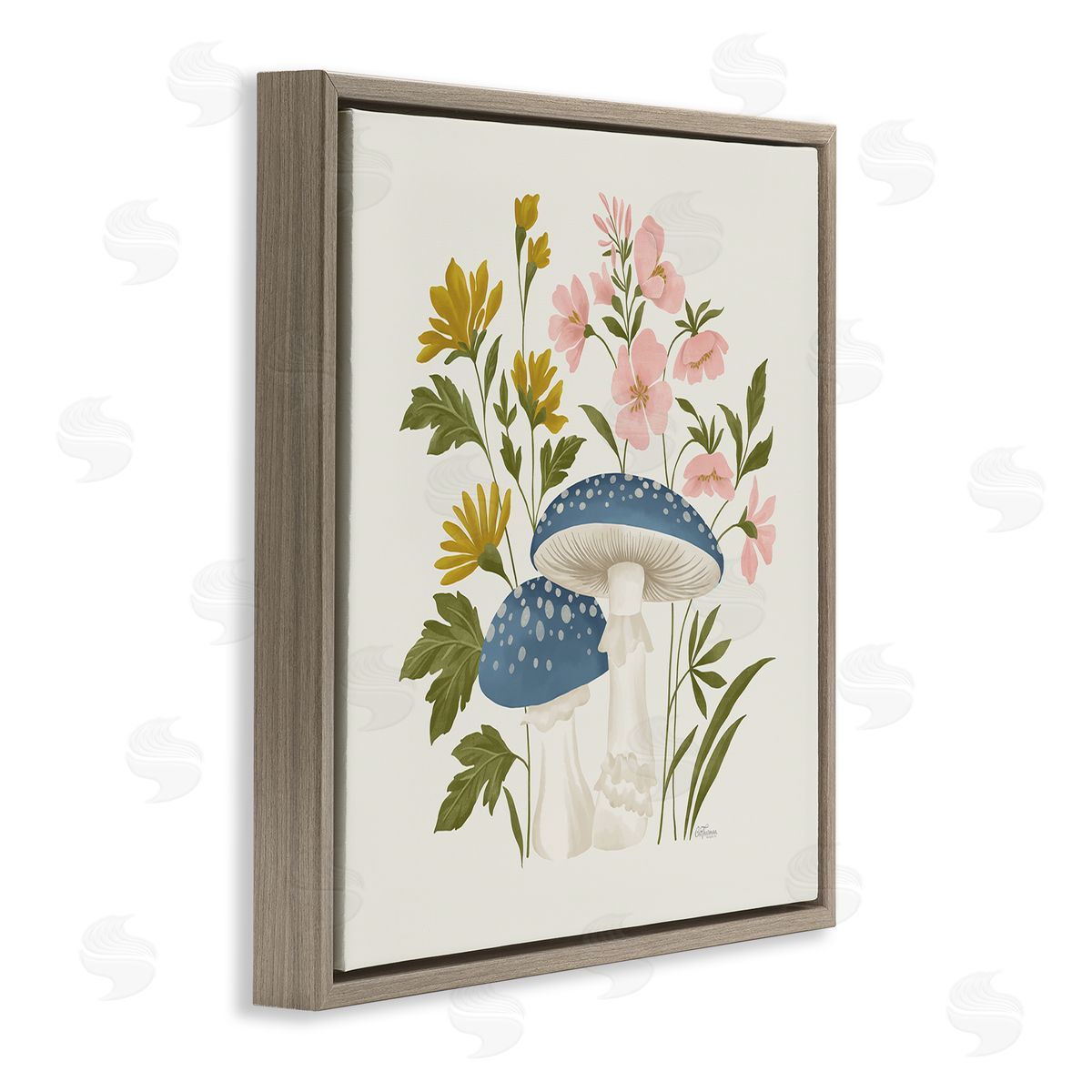 Blue Mushrooms & Wildflowers Brown Floating Frame Canvas Wall Art, Home Decor by Cat Thurman Designs