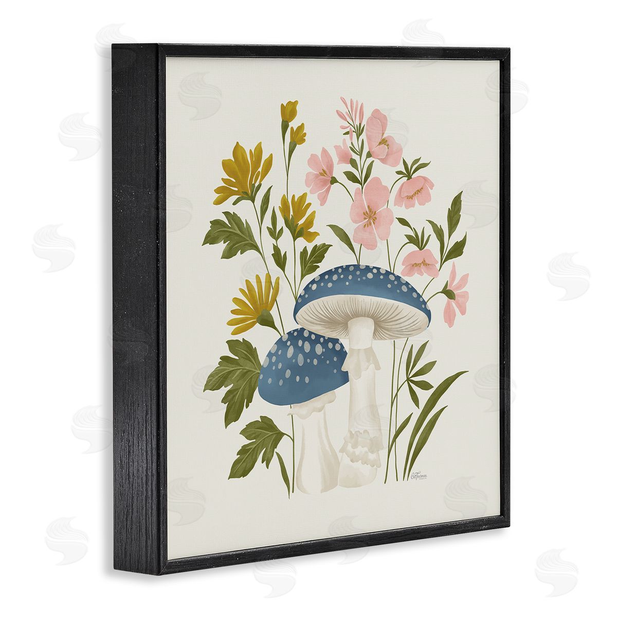 Blue Mushrooms & Wildflowers Black Frame Print Wall Art, Home Decor by Cat Thurman Designs