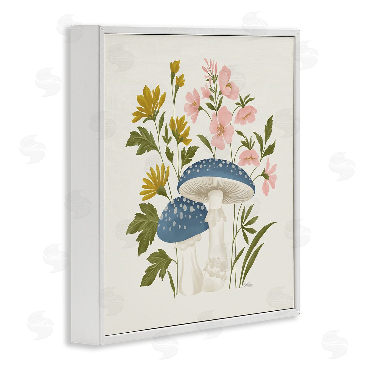 Blue Mushrooms & Wildflowers White Frame Print Wall Art, Home Decor by Cat Thurman Designs