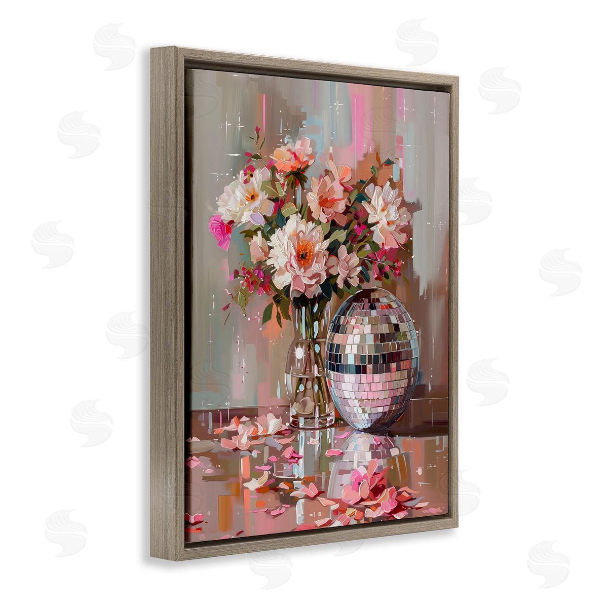 Disco Ball & Flowers Still Life Brown Floating Frame Canvas Wall Art, Home Decor by Arlington Prints
