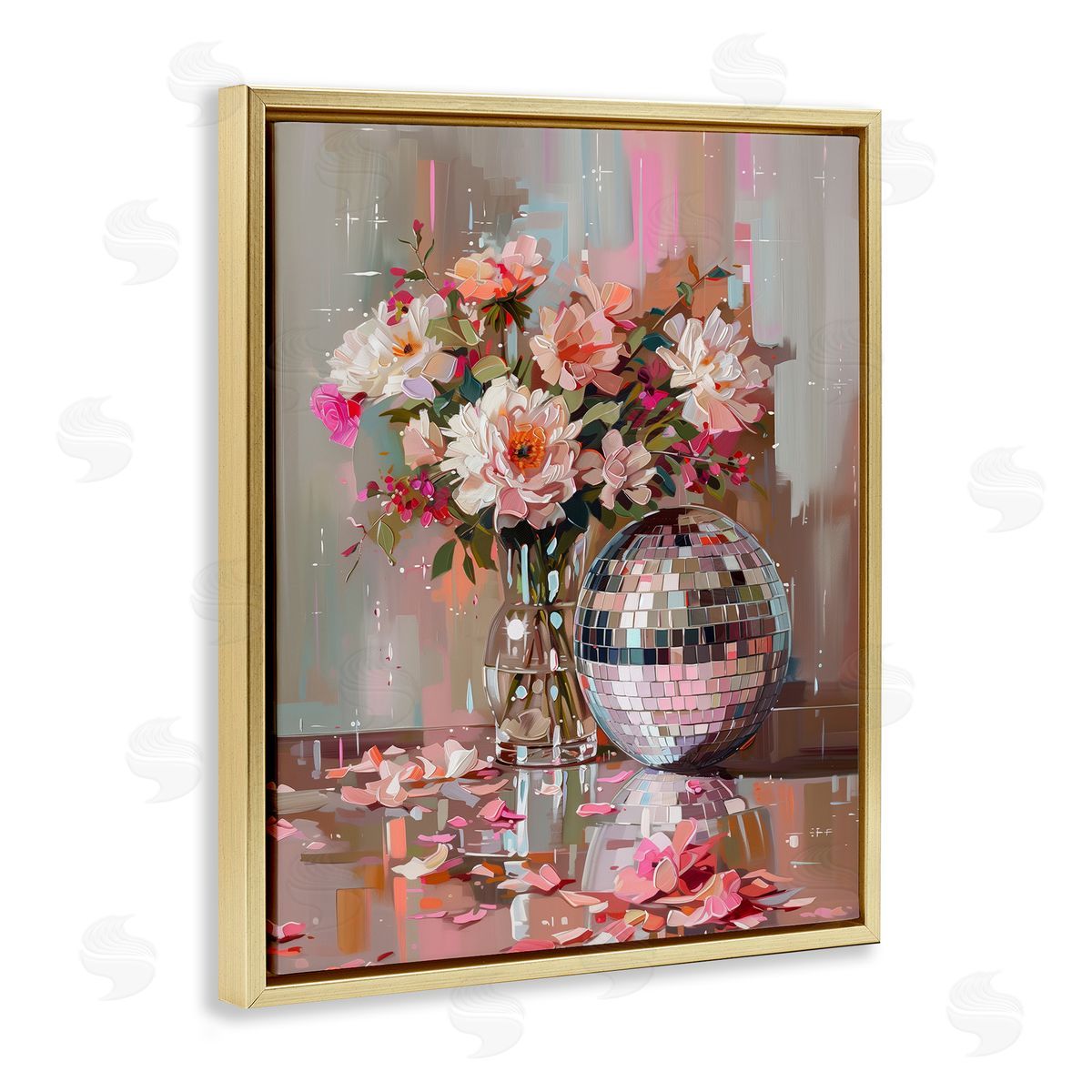 Disco Ball & Flowers Still Life Gold Floating Frame Canvas Wall Art, Home Decor by Arlington Prints