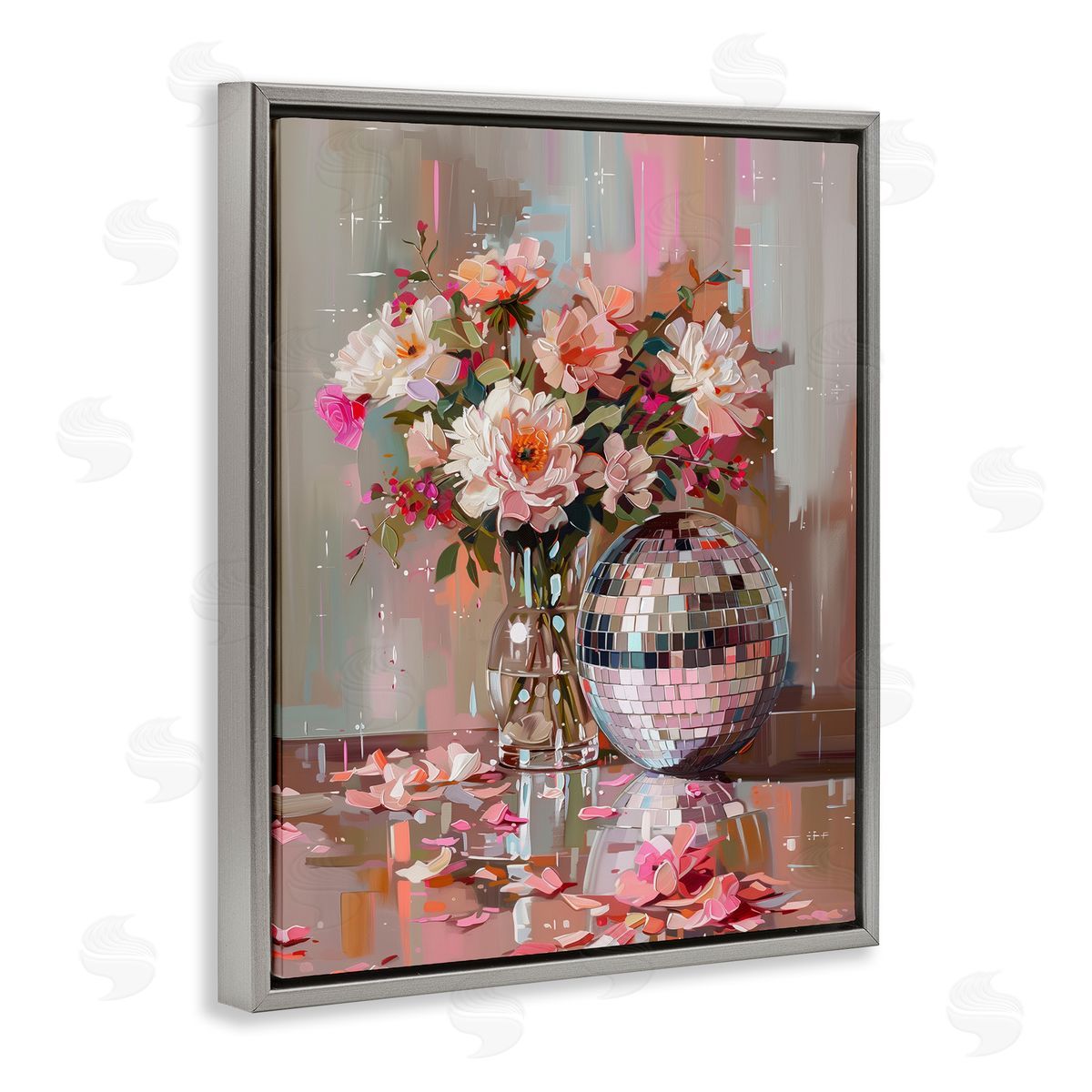 Disco Ball & Flowers Still Life Grey Floating Frame Canvas Wall Art, Home Decor by Arlington Prints