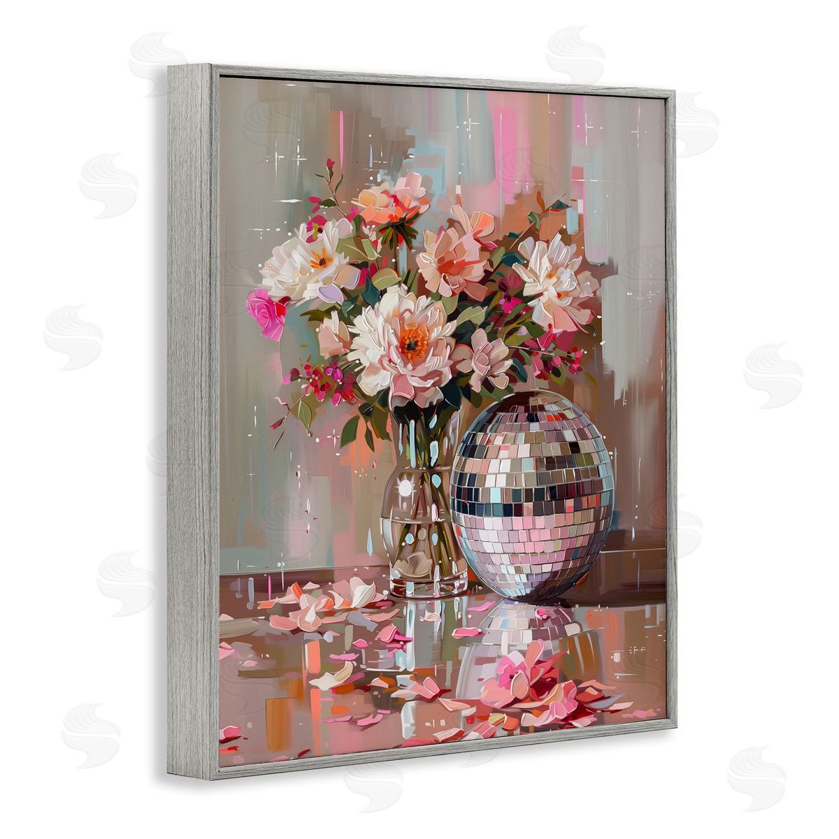 Disco Ball & Flowers Still Life Grey Frame Print Wall Art, Home Decor by Arlington Prints