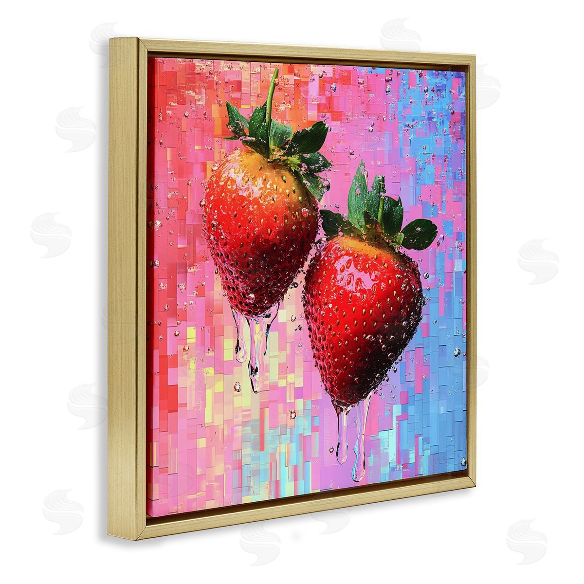 Lush Strawberries with Water Drip Gold Floating Frame Canvas Wall Art, Home Decor by LSR Creative Studio