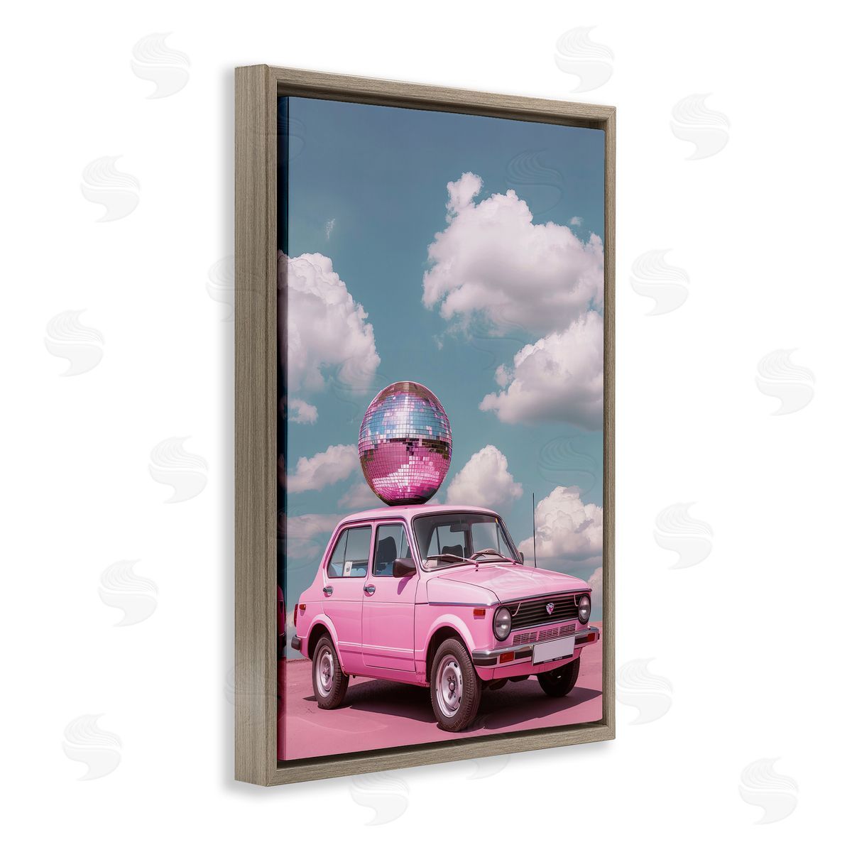 Disco Ball Car & Clouds Brown Floating Frame Canvas Wall Art, Home Decor by LSR Design Studio