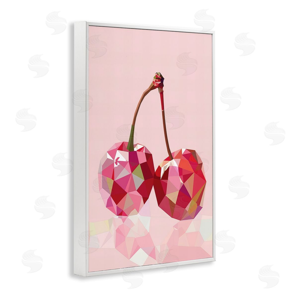 Pink Geometric Cherries White Frame Print Wall Art, Home Decor by LSR Design Studio