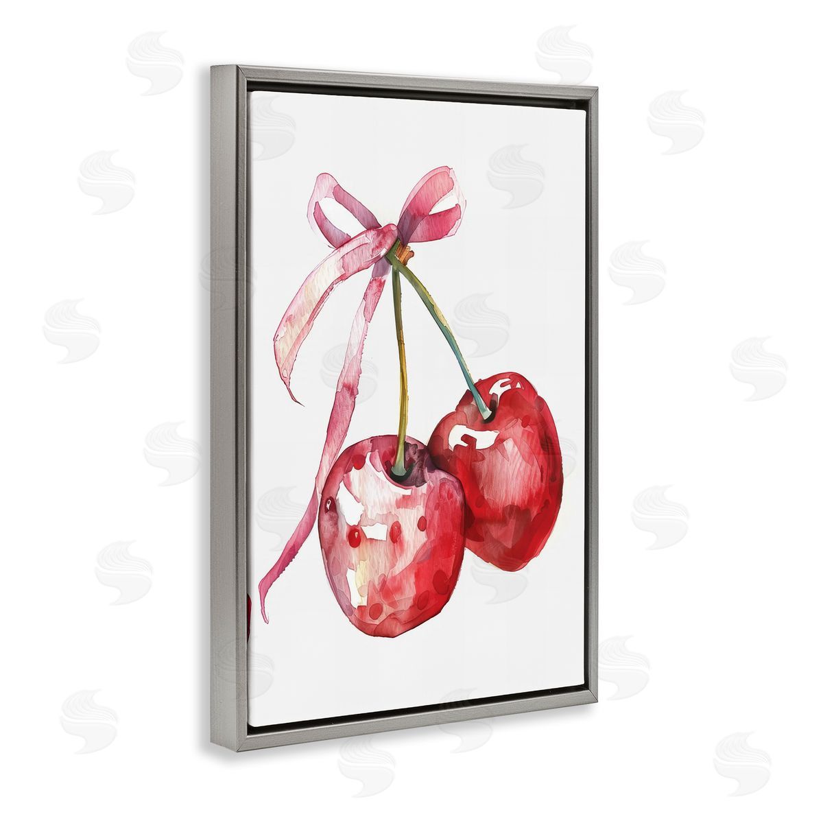 Cherries Tied in Ribbon Grey Floating Frame Canvas Wall Art, Home Decor by LSR Design Studio
