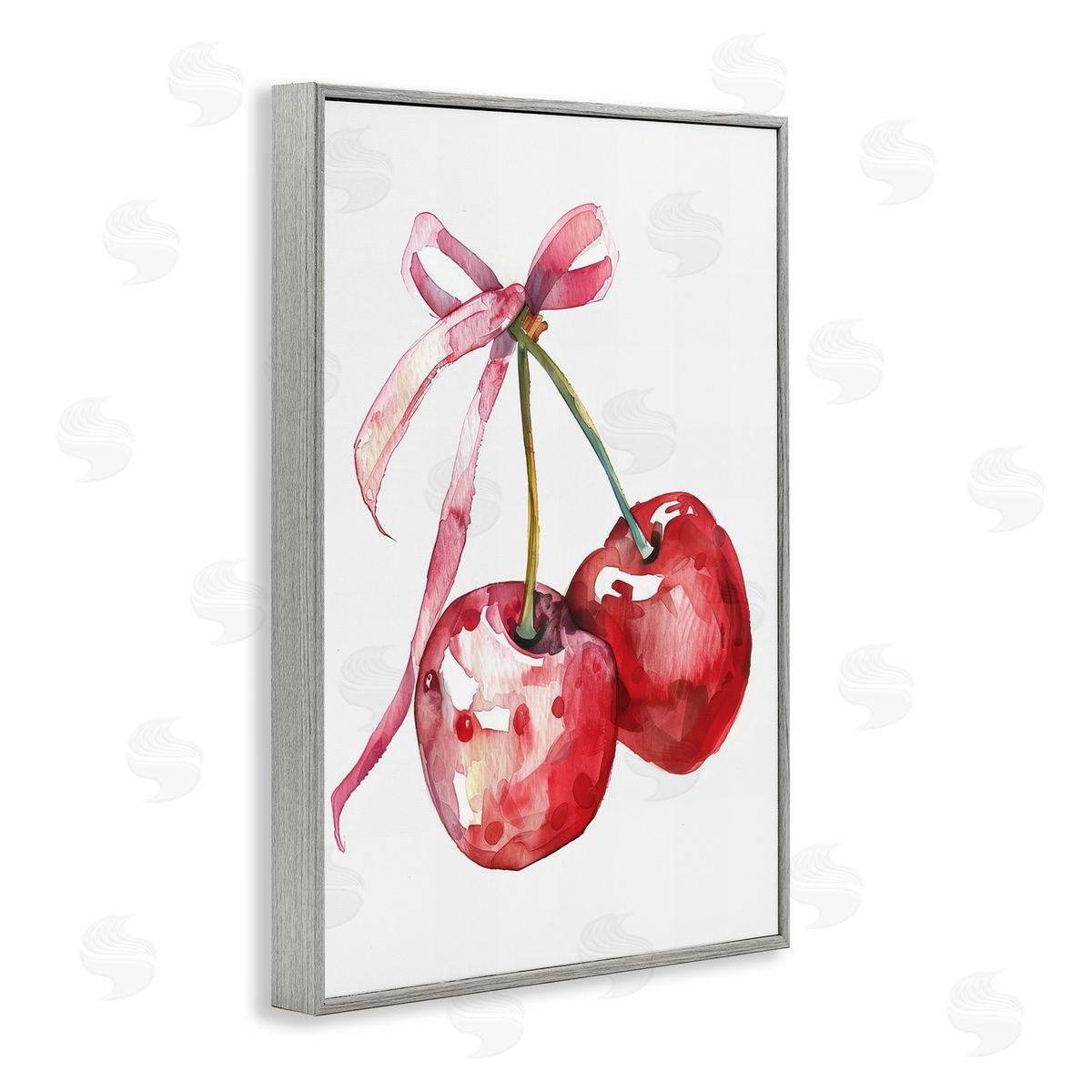 Cherries Tied in Ribbon Grey Frame Print Wall Art, Home Decor by LSR Design Studio