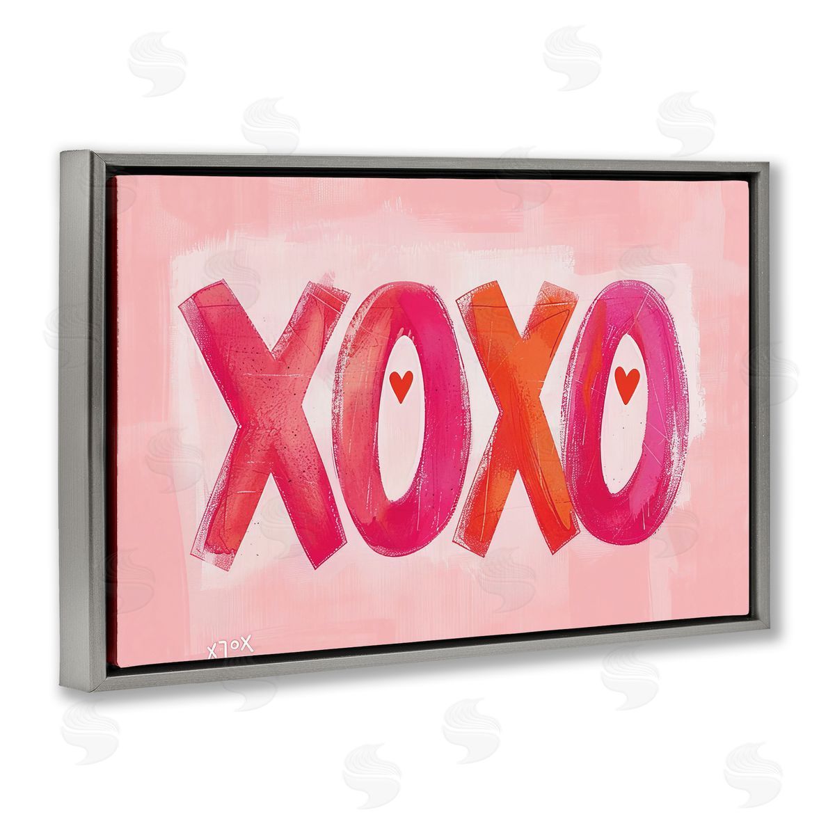 Pink XOXO with Hearts Grey Floating Frame Canvas Wall Art, Home Decor by LSR Design Studio