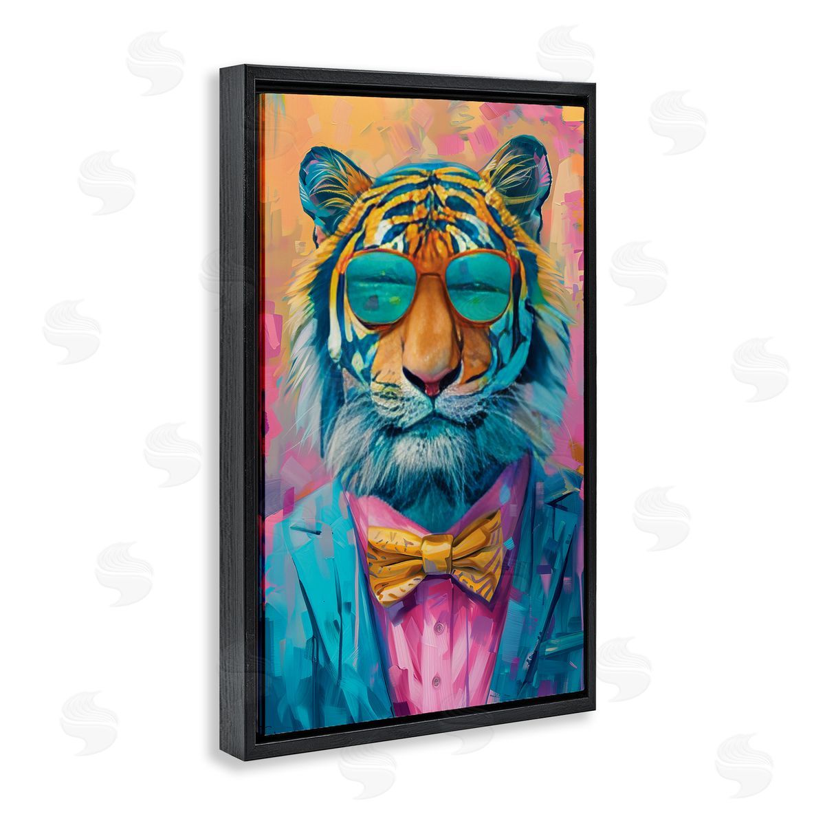 Smiling Snazzy Tiger Black Floating Frame Canvas Wall Art, Home Decor by LSR Design Studio