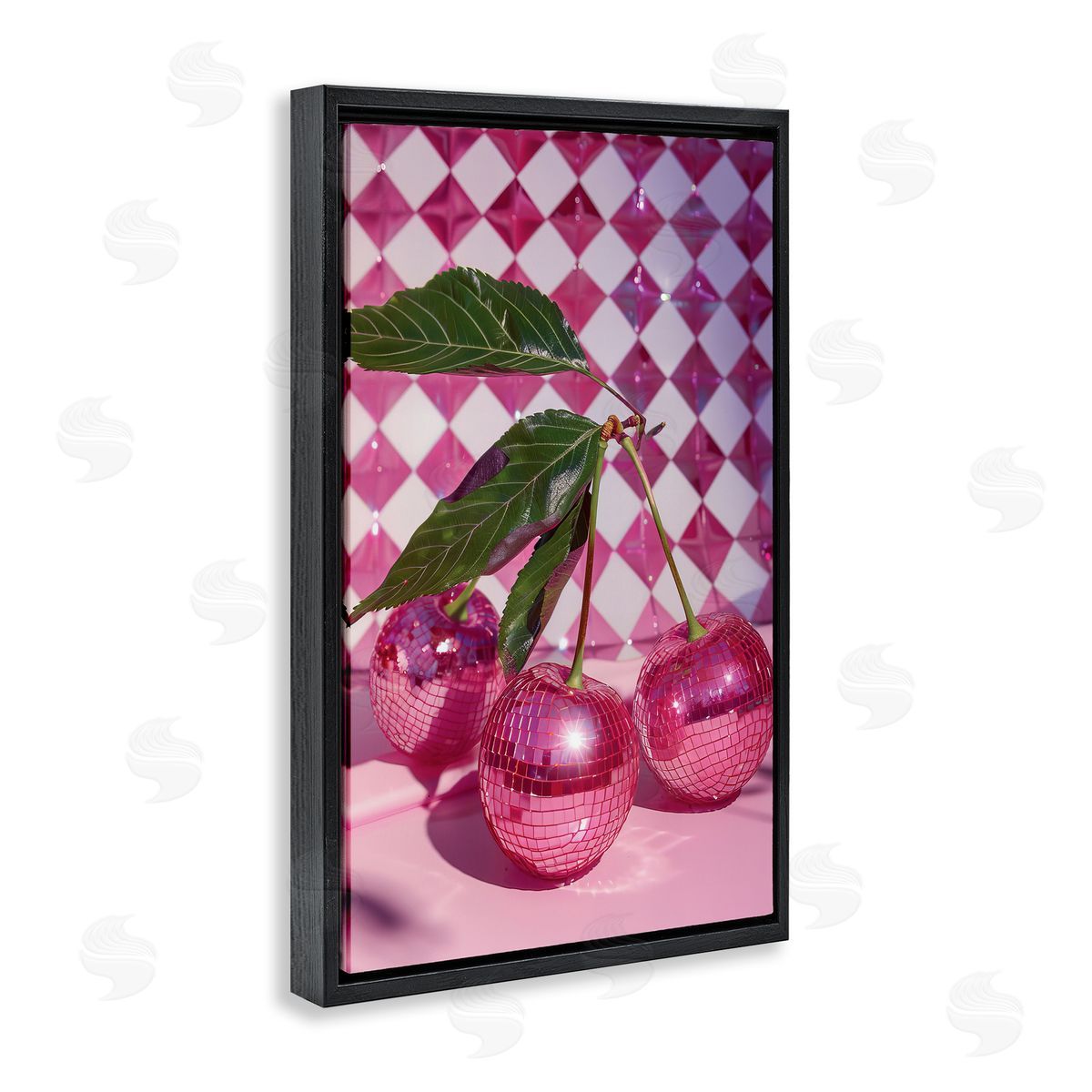 Groovy Cherry Disco Balls Black Floating Frame Canvas Wall Art, Home Decor by LSR Design Studio
