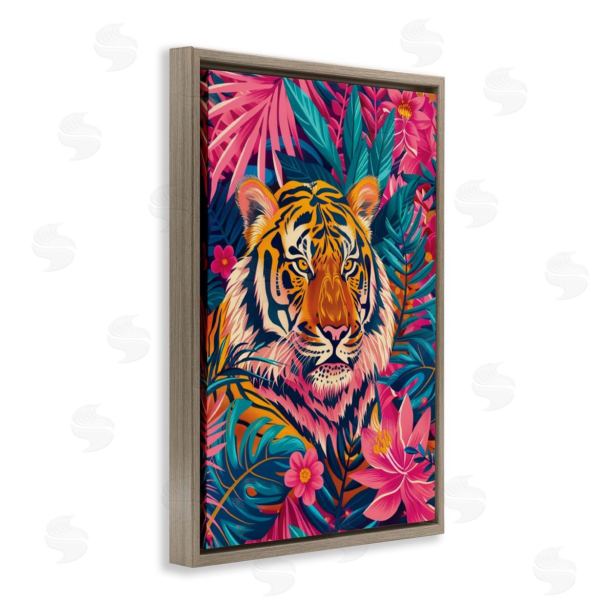 Tropical Tiger Among Leaves Brown Floating Frame Canvas Wall Art, Home Decor by LSR Design Studio