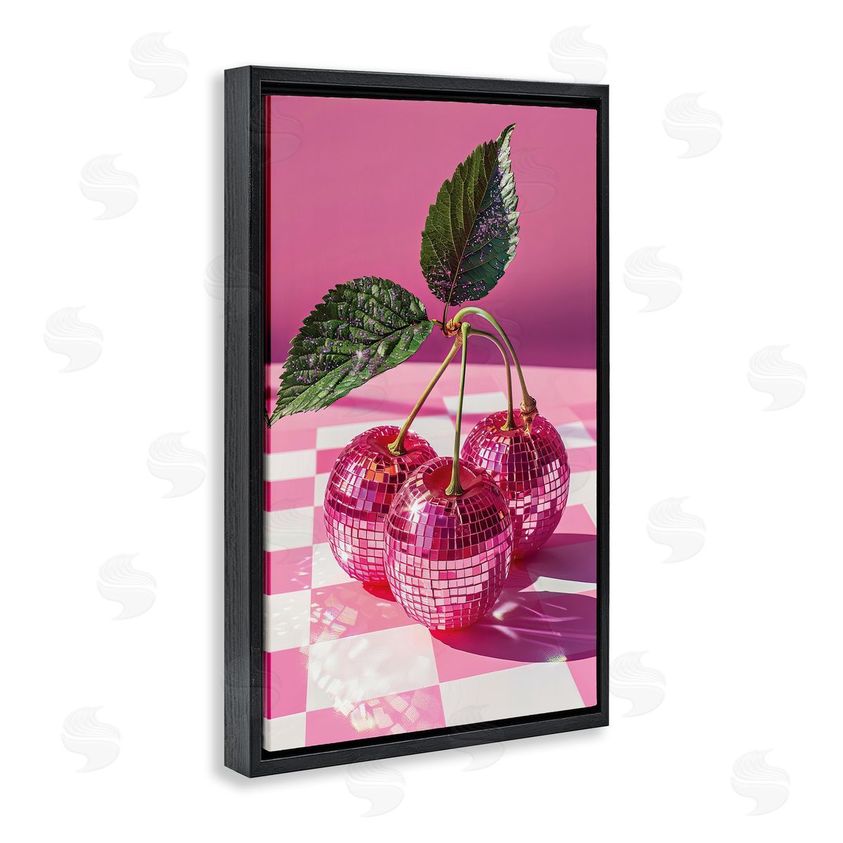 Disco Cherries on Checkered Black Floating Frame Canvas Wall Art, Home Decor by LSR Design Studio