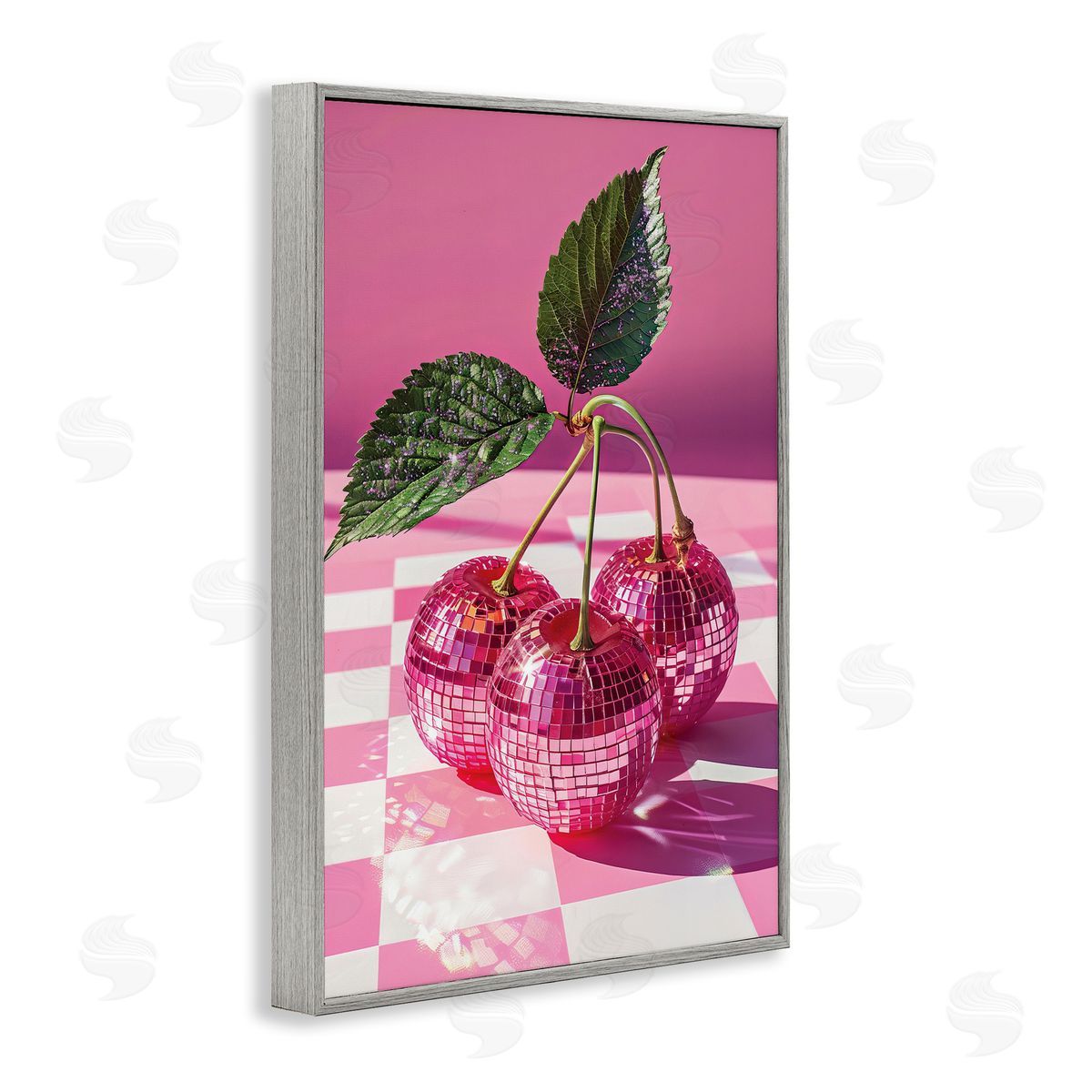 Disco Cherries on Checkered Grey Frame Print Wall Art, Home Decor by LSR Design Studio