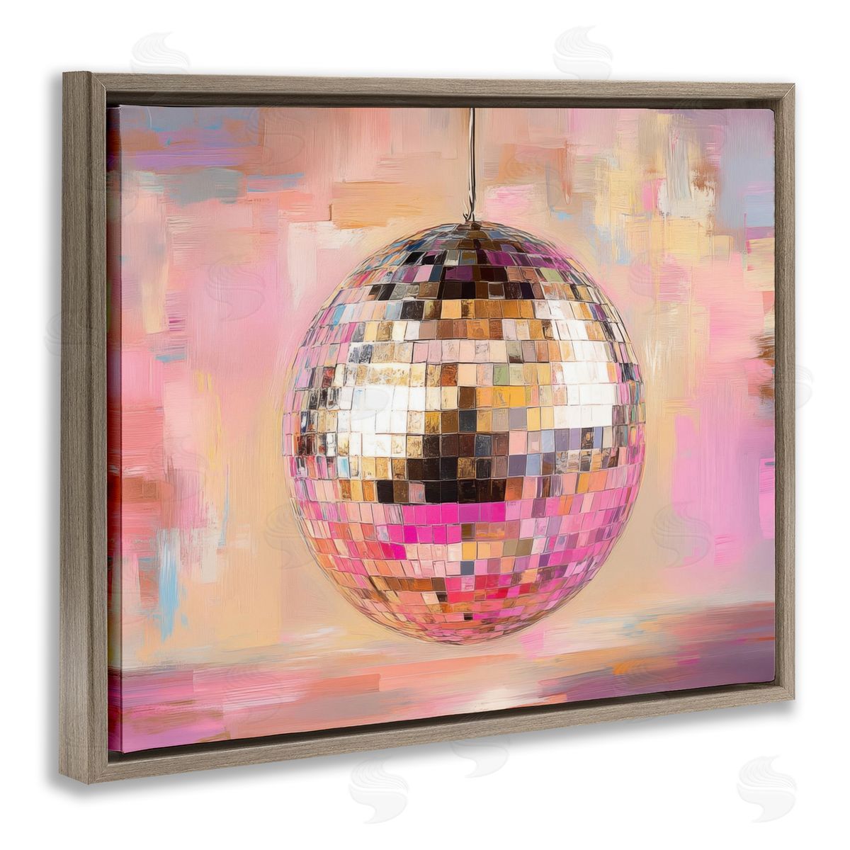 Mirrored Disco Ball Brown Floating Frame Canvas Wall Art, Home Decor by Nini Art