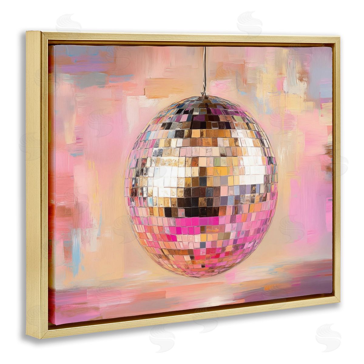 Mirrored Disco Ball Gold Floating Frame Canvas Wall Art, Home Decor by Nini Art