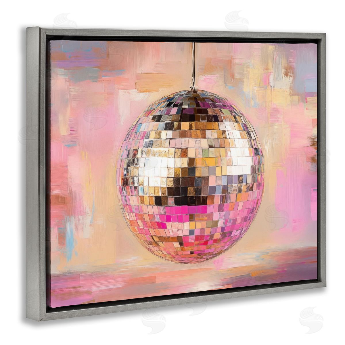 Mirrored Disco Ball Grey Floating Frame Canvas Wall Art, Home Decor by Nini Art