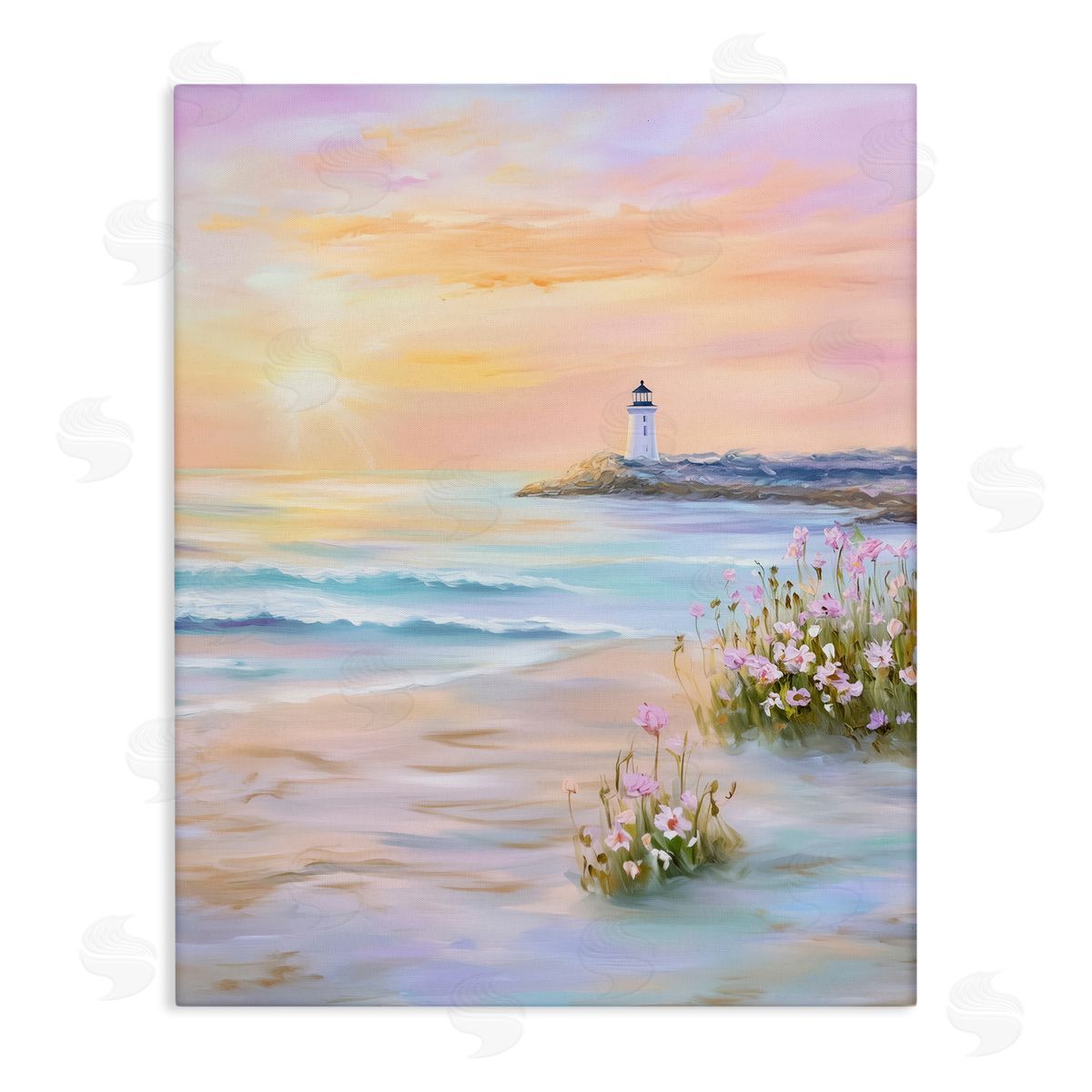 Warm Sunrise with Distant Lighthouse Canvas Wall Art, Home Decor by Arlington Prints