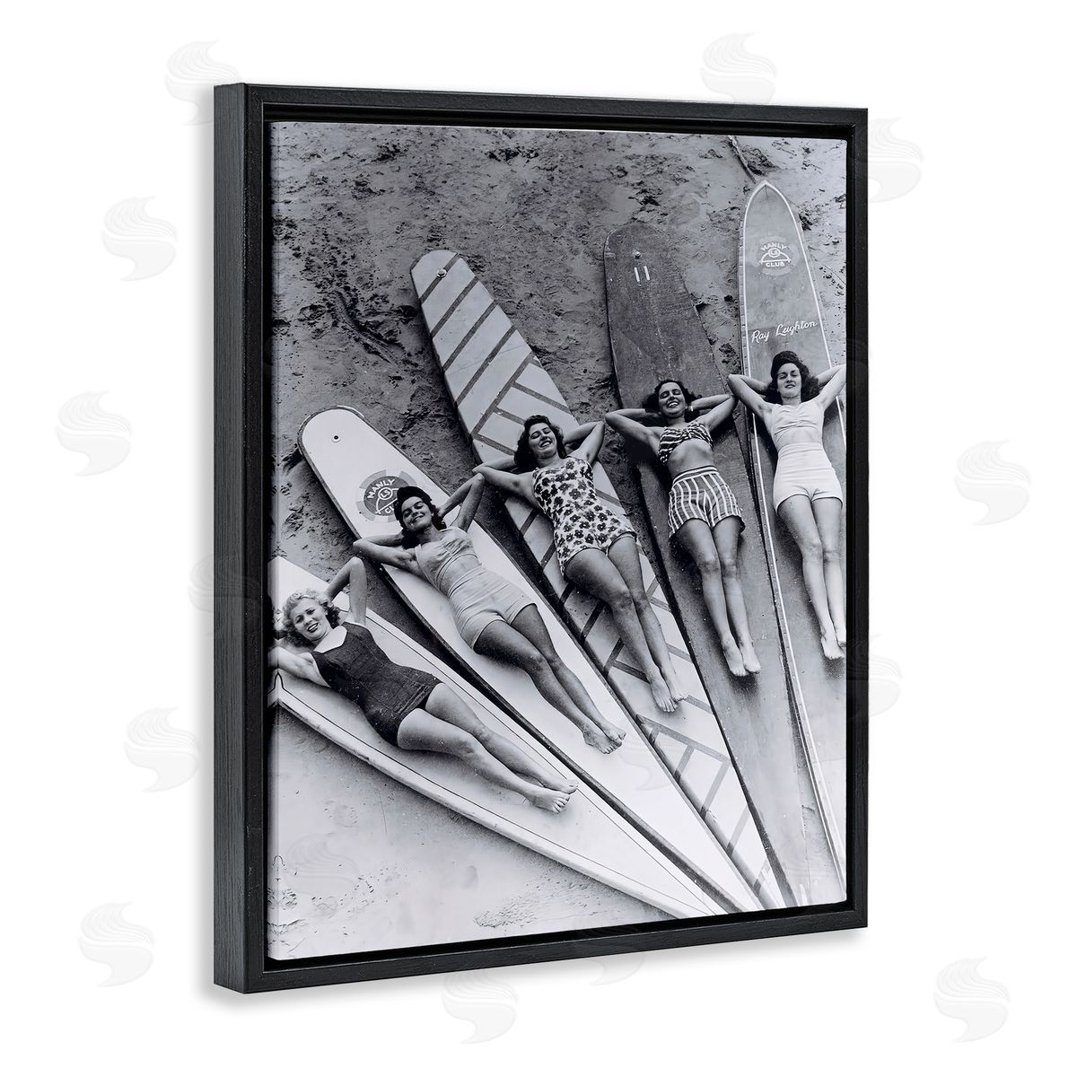 Vintage Women on Surfboards Black Floating Frame Canvas Wall Art, Home Decor by Arlington Prints