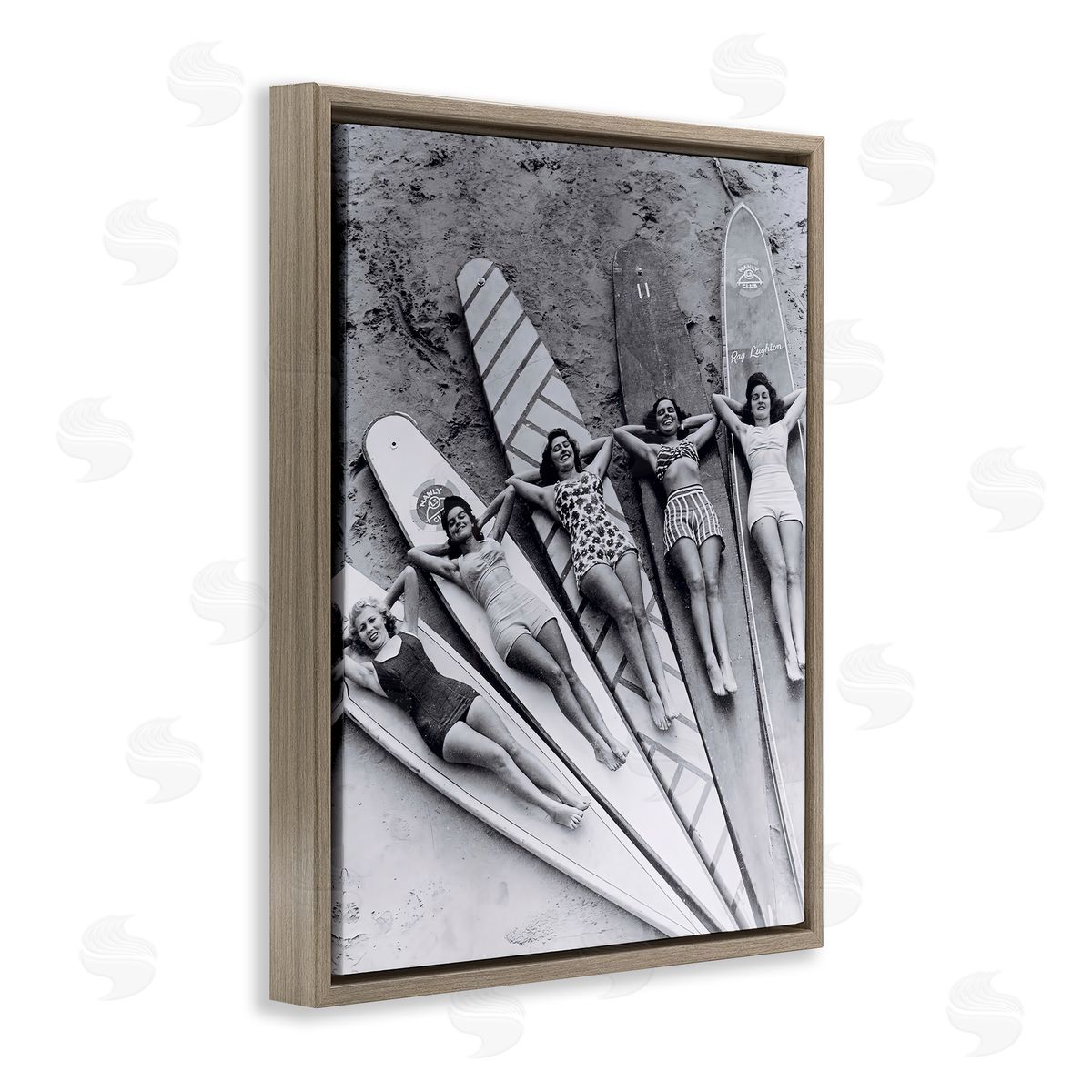 Vintage Women on Surfboards Brown Floating Frame Canvas Wall Art, Home Decor by Arlington Prints