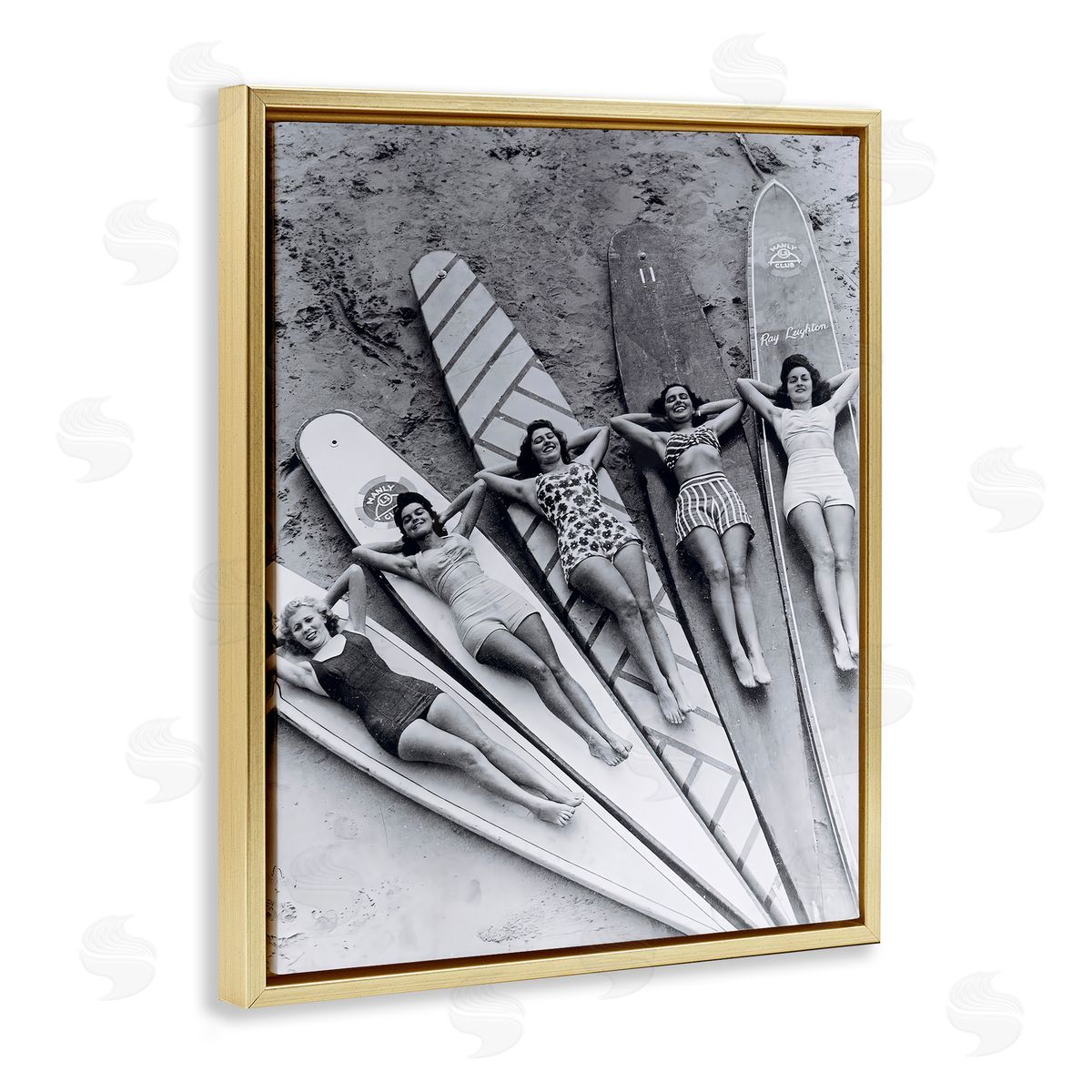Vintage Women on Surfboards Gold Floating Frame Canvas Wall Art, Home Decor by Arlington Prints