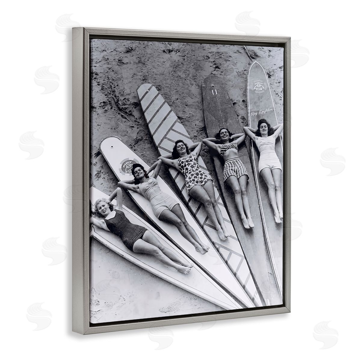 Vintage Women on Surfboards Grey Floating Frame Canvas Wall Art, Home Decor by Arlington Prints