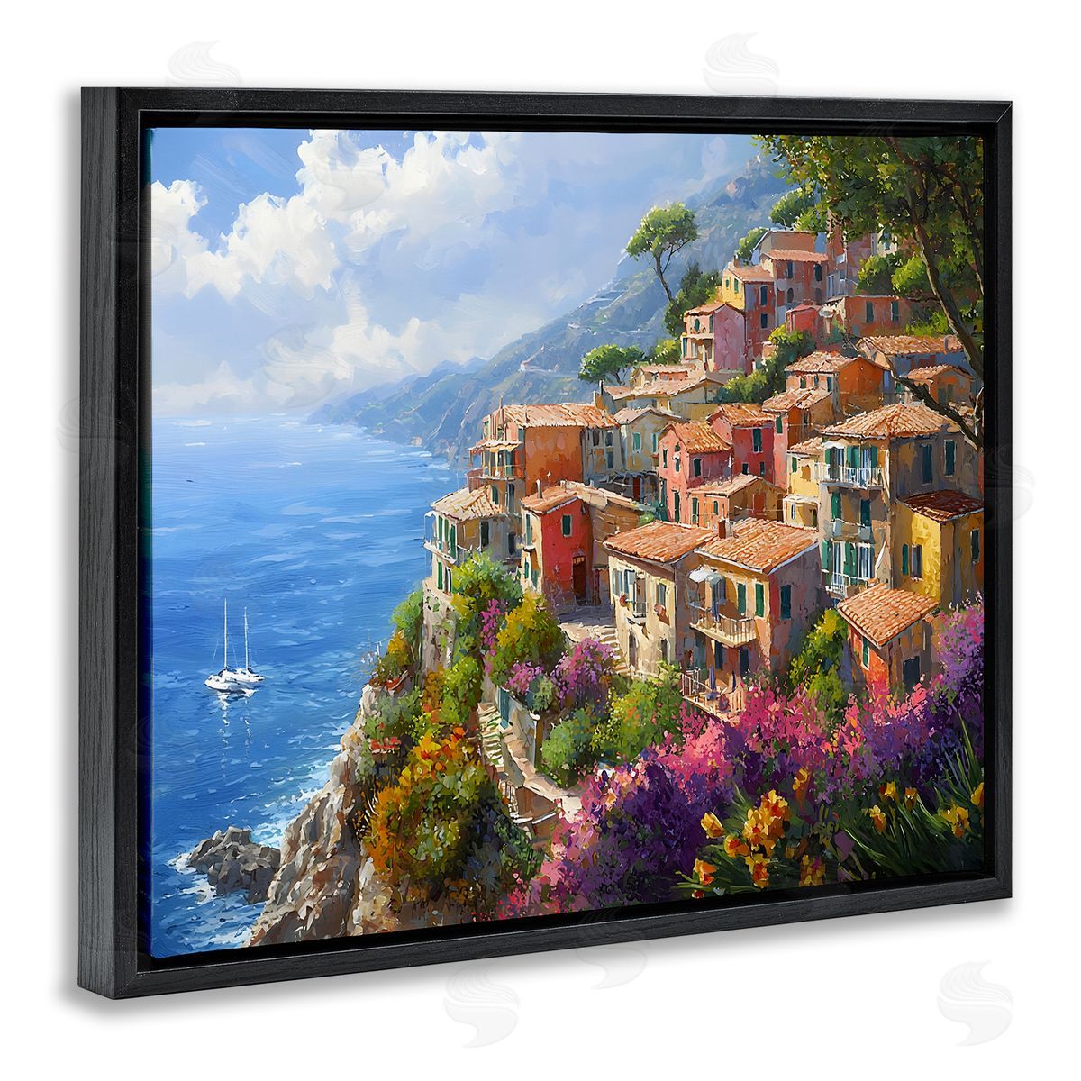 Coastal Seaside Village View Black Floating Frame Canvas Wall Art, Home Decor by Franklyn Gregory