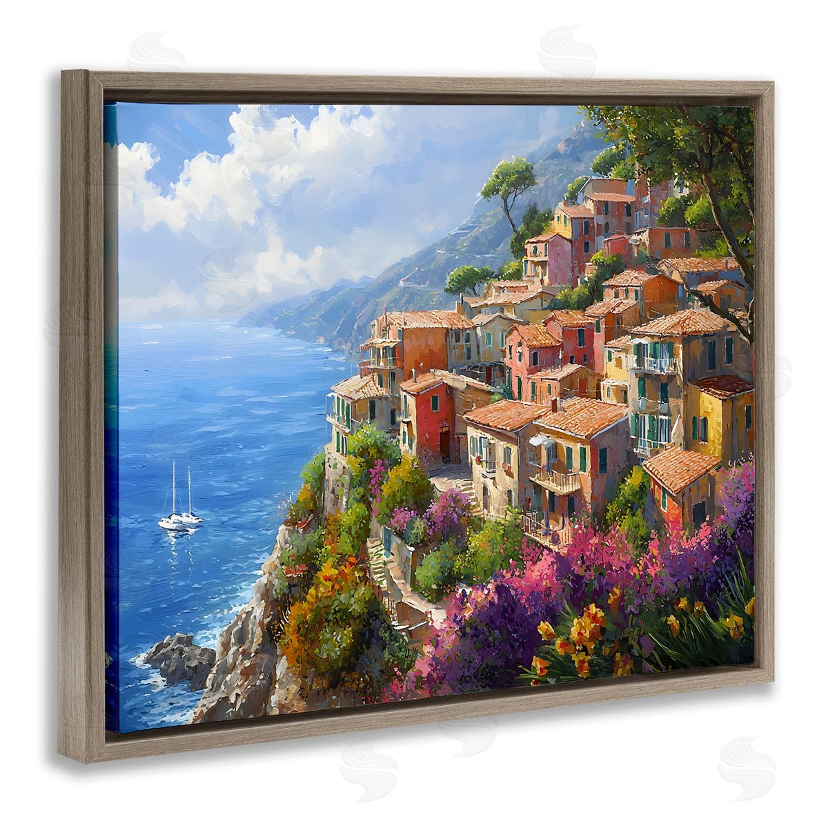Coastal Seaside Village View Brown Floating Frame Canvas Wall Art, Home Decor by Franklyn Gregory