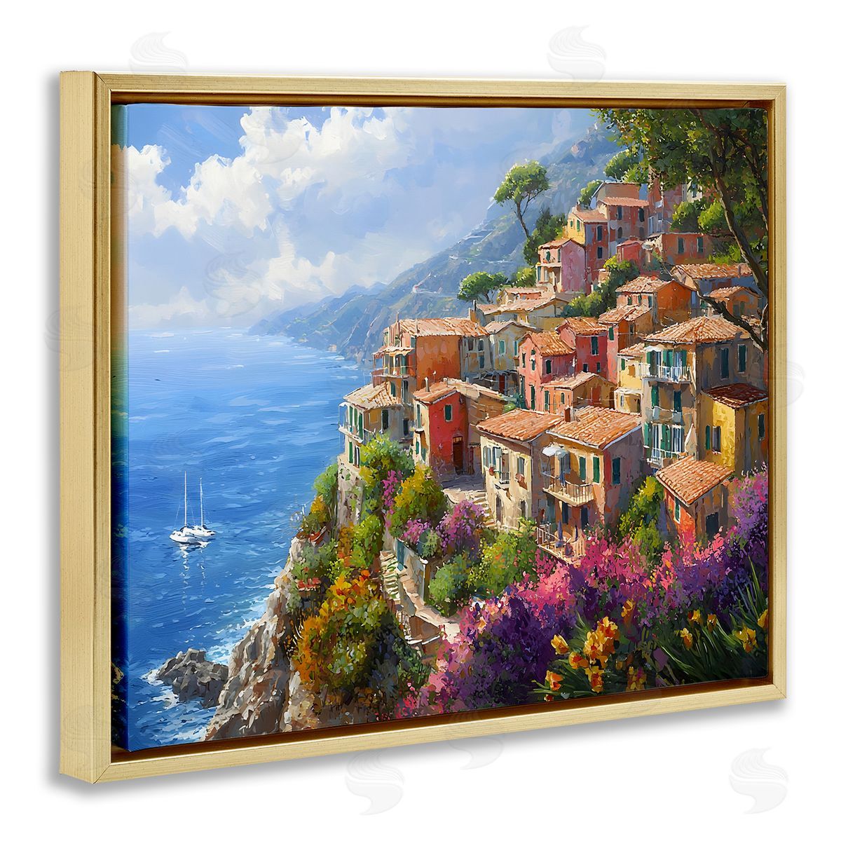 Coastal Seaside Village View Gold Floating Frame Canvas Wall Art, Home Decor by Franklyn Gregory