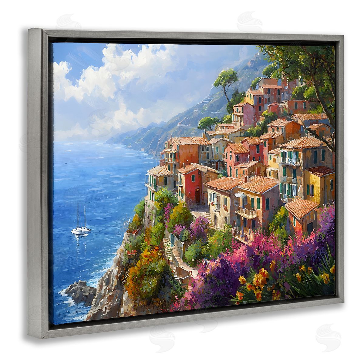 Coastal Seaside Village View Grey Floating Frame Canvas Wall Art, Home Decor by Franklyn Gregory