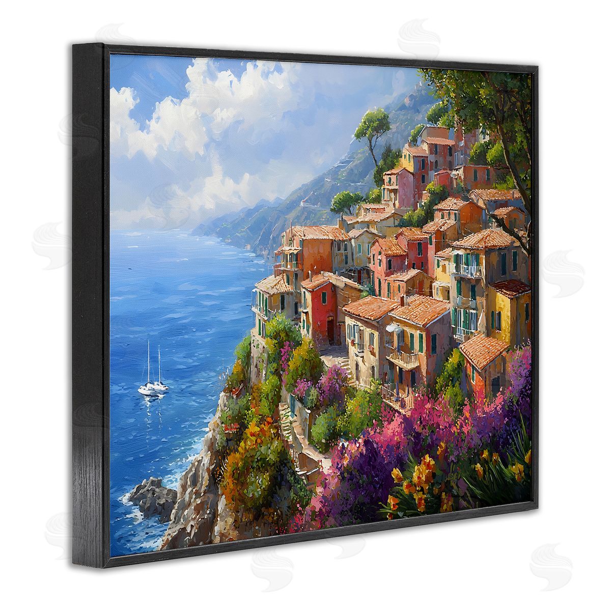 Coastal Seaside Village View Black Frame Print Wall Art, Home Decor by Franklyn Gregory