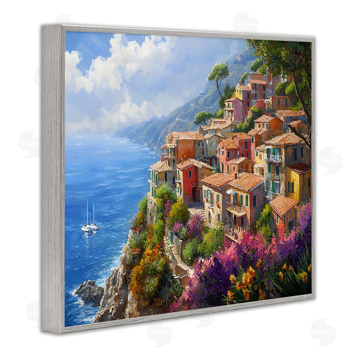 Coastal Seaside Village View Grey Frame Print Wall Art, Home Decor by Franklyn Gregory