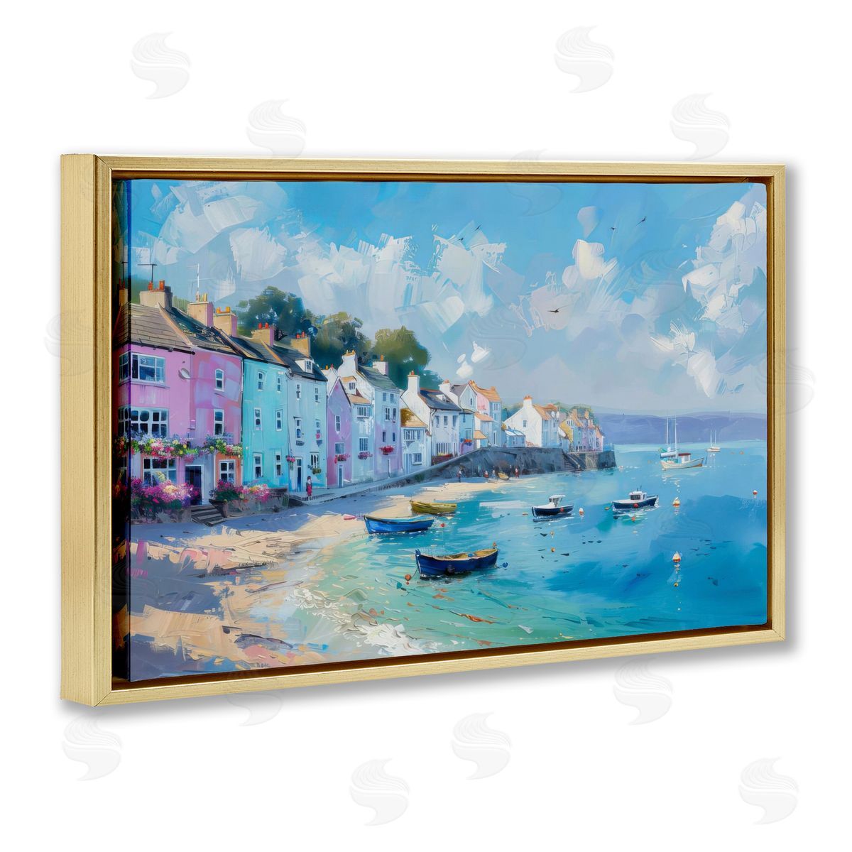 Seaside Village Cottages Gold Floating Frame Canvas Wall Art, Home Decor by LSR Design Studio