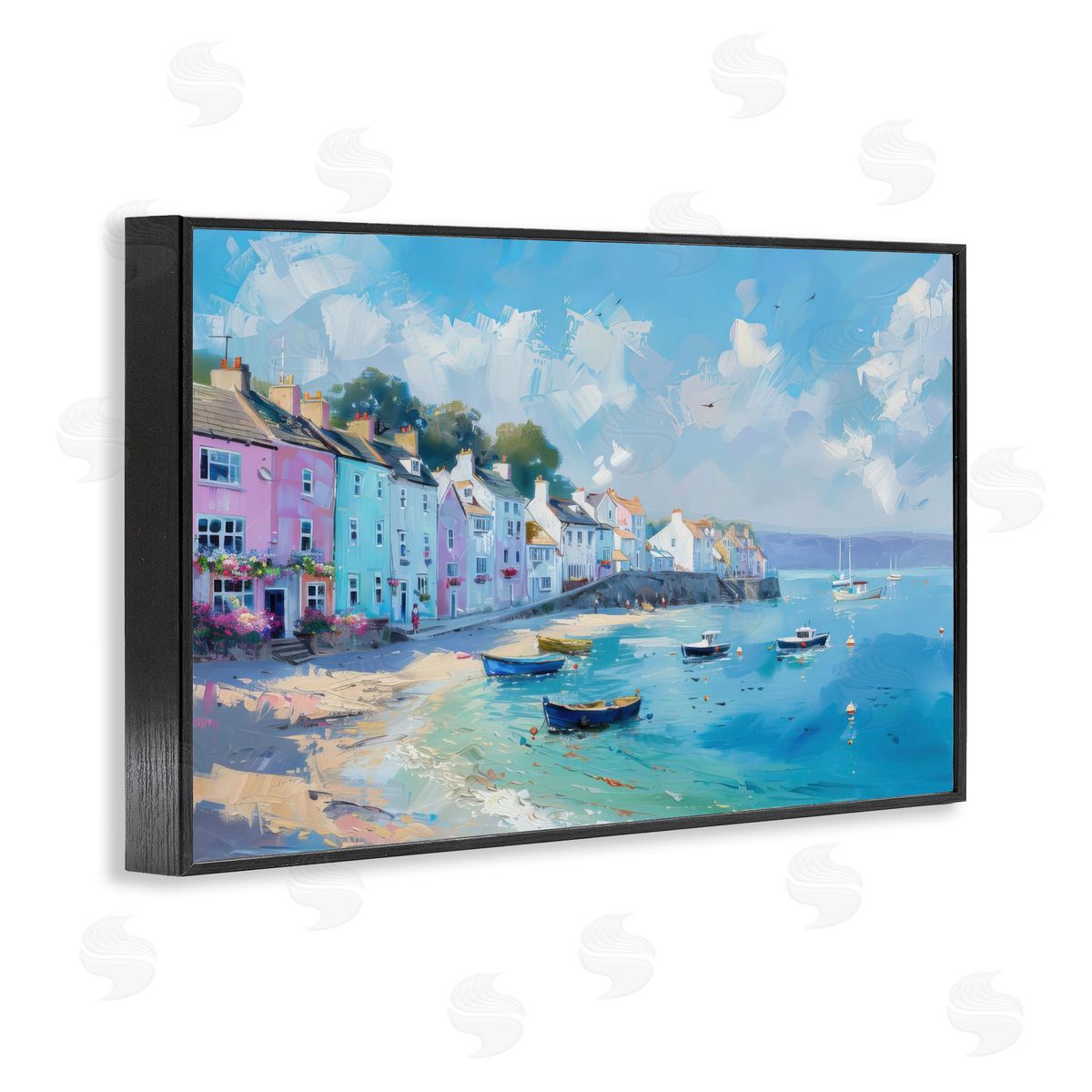 Seaside Village Cottages Black Frame Print Wall Art, Home Decor by LSR Design Studio