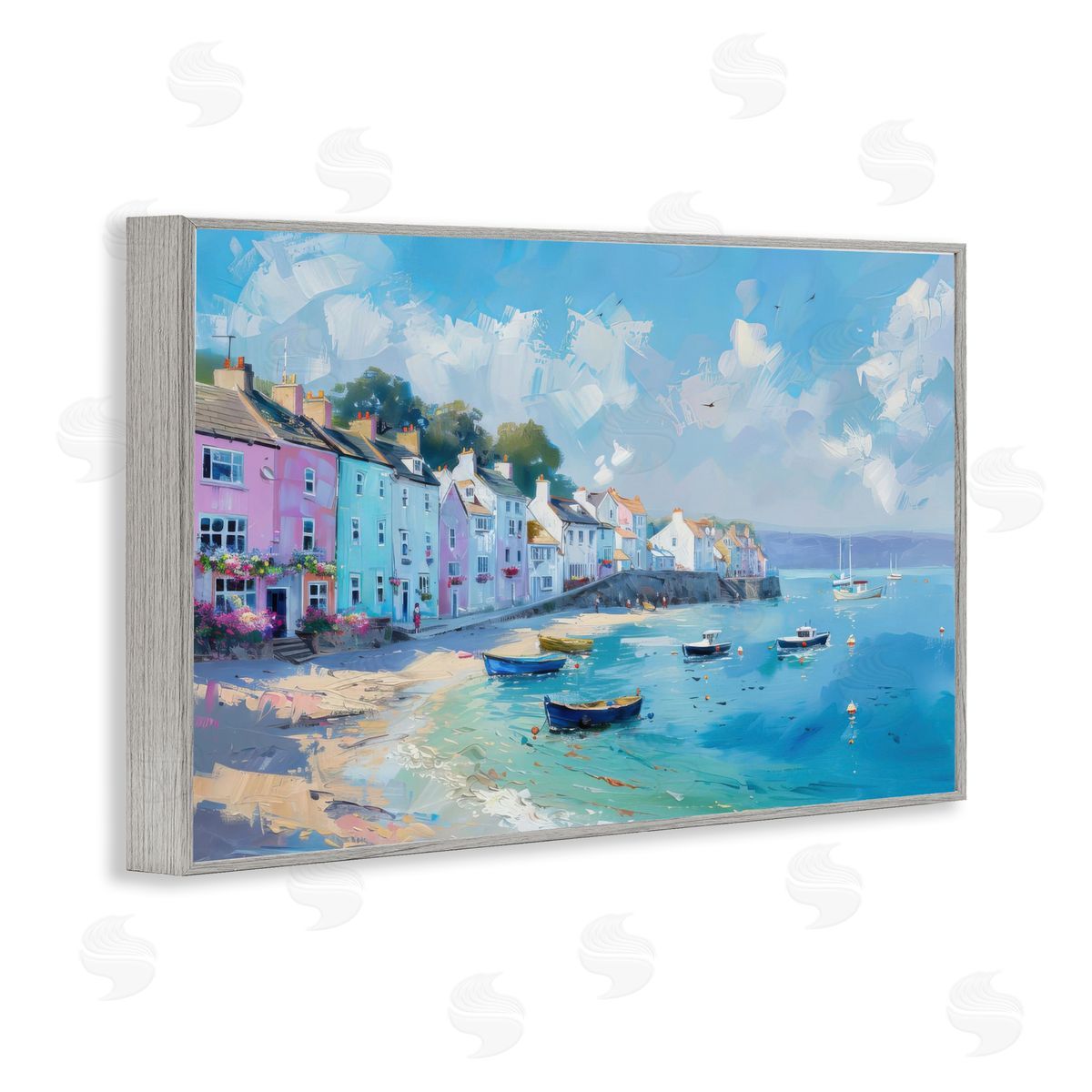Seaside Village Cottages Grey Frame Print Wall Art, Home Decor by LSR Design Studio