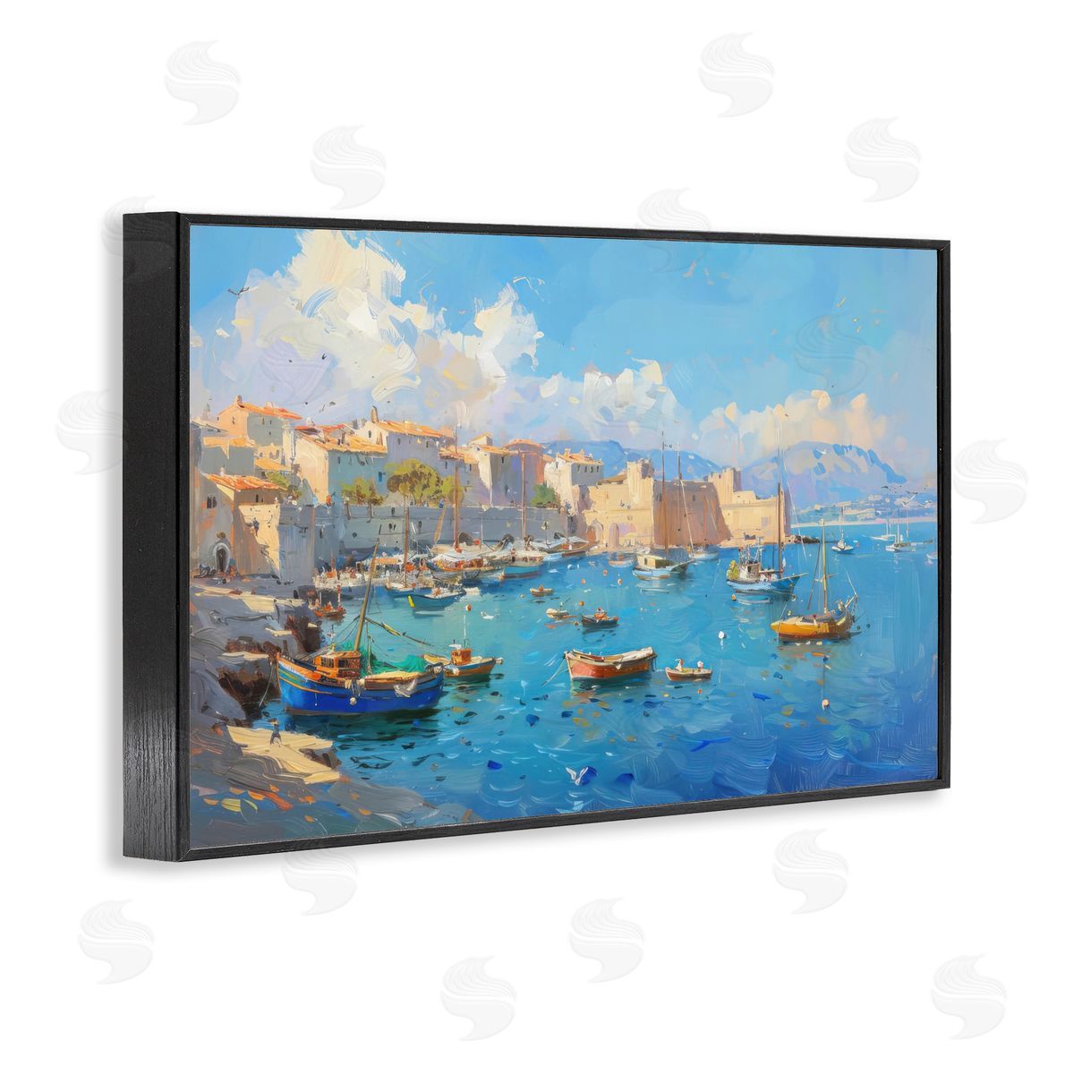 Nautical Harbor Coastal Town Black Frame Print Wall Art, Home Decor by LSR Design Studio