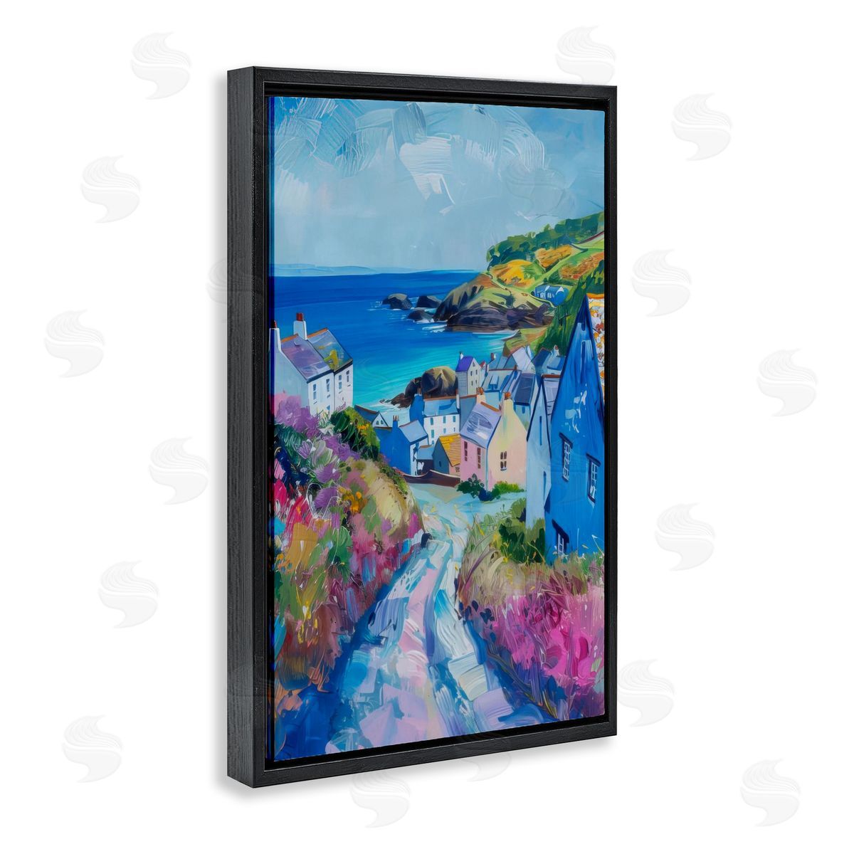 Seaside Town Overlook Black Floating Frame Canvas Wall Art, Home Decor by LSR Design Studio