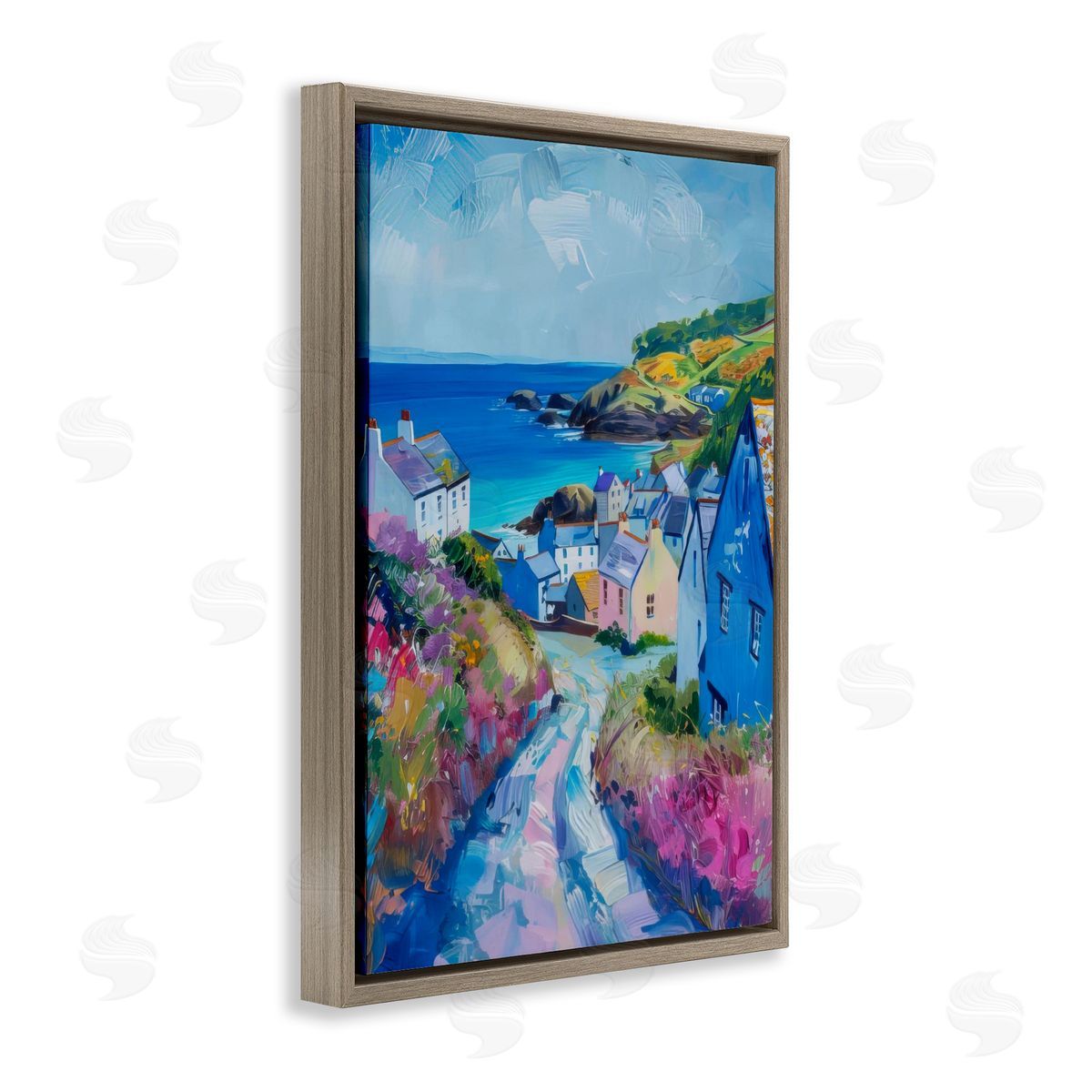 Seaside Town Overlook Brown Floating Frame Canvas Wall Art, Home Decor by LSR Design Studio