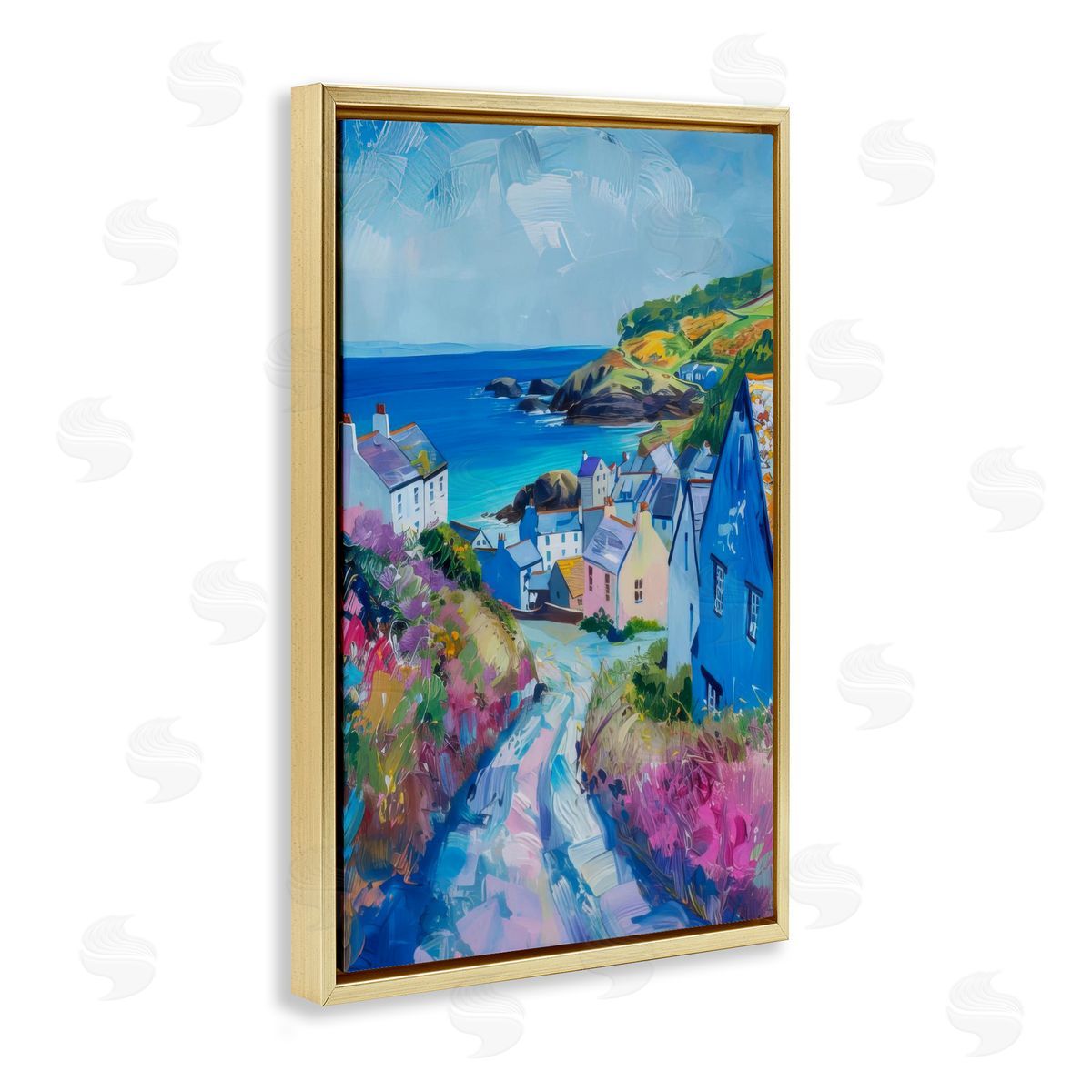 Seaside Town Overlook Gold Floating Frame Canvas Wall Art, Home Decor by LSR Design Studio