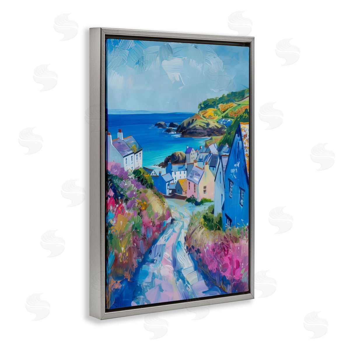 Seaside Town Overlook Grey Floating Frame Canvas Wall Art, Home Decor by LSR Design Studio