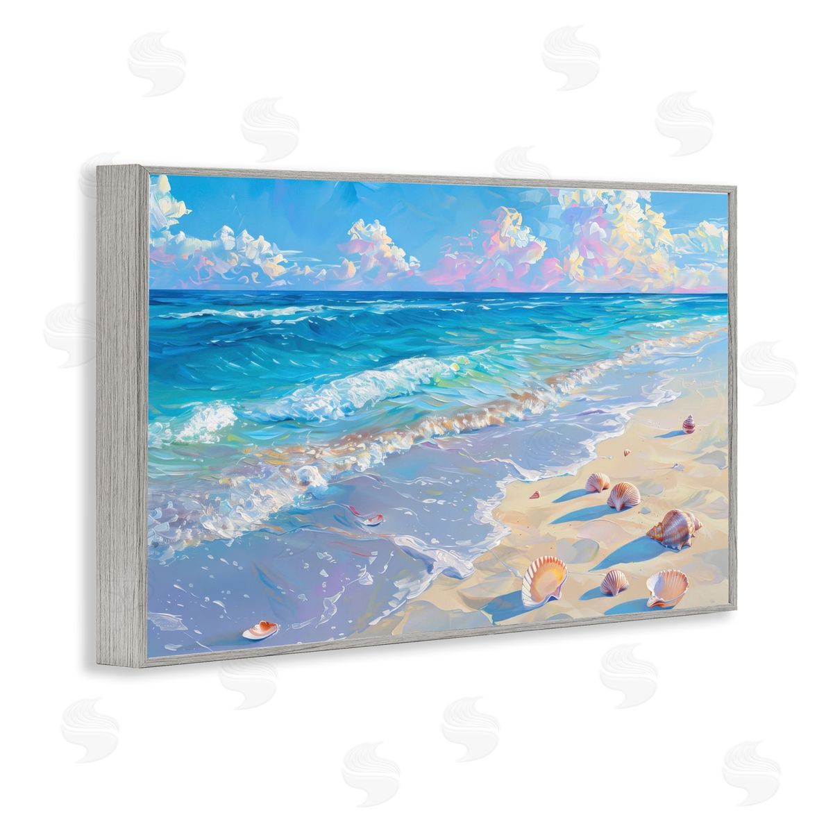 Seashells Along Sea Shore Grey Frame Print Wall Art, Home Decor by LSR Design Studio