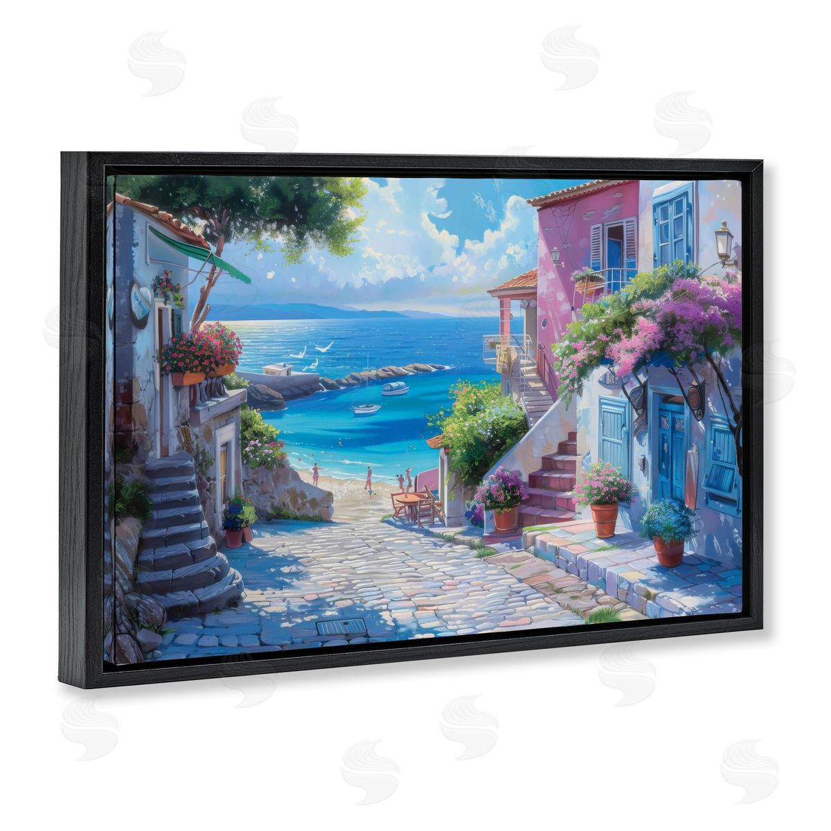 Seaside Village Cobblestones Black Floating Frame Canvas Wall Art, Home Decor by LSR Design Studio