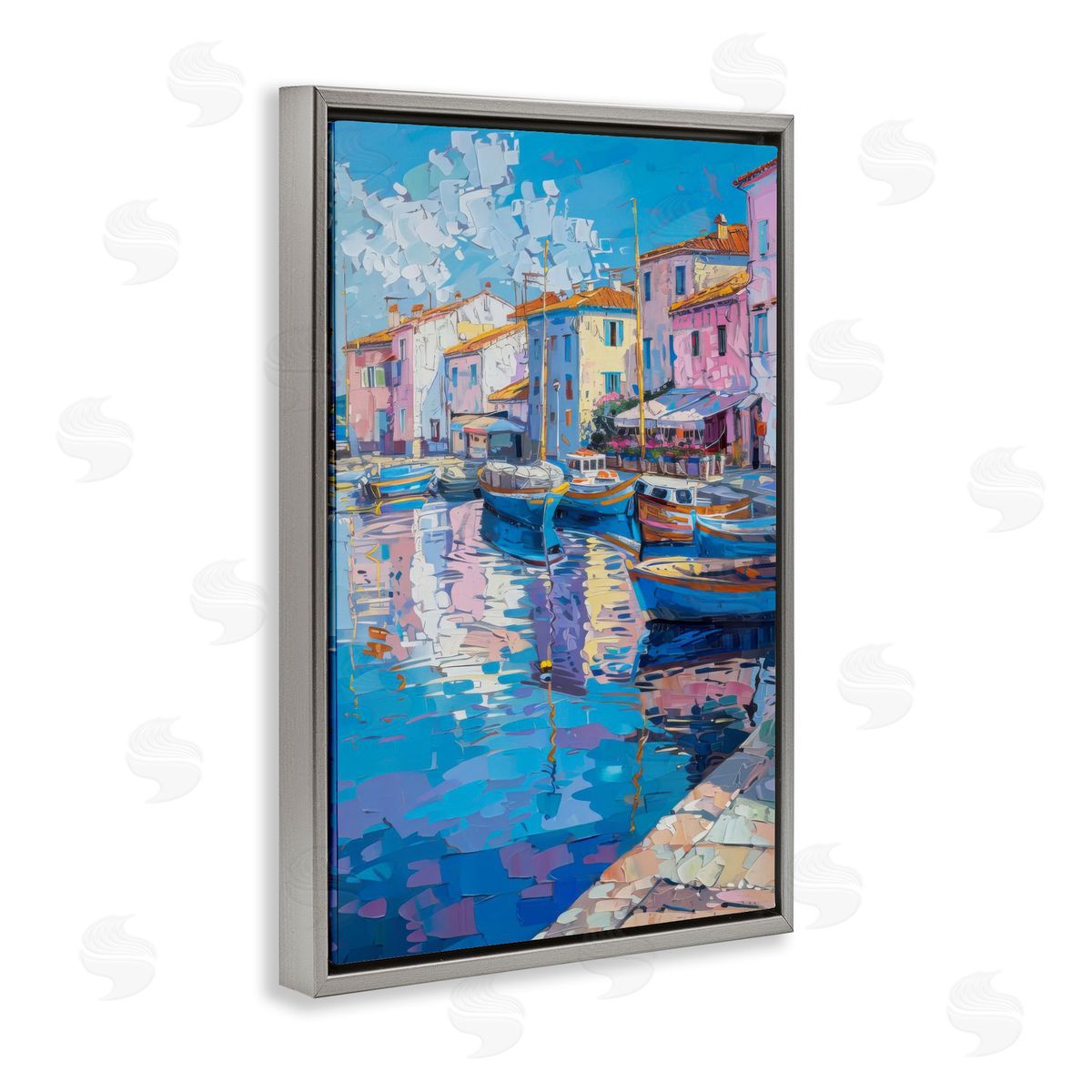 Abstract Harbor Reflection Grey Floating Frame Canvas Wall Art, Home Decor by LSR Design Studio
