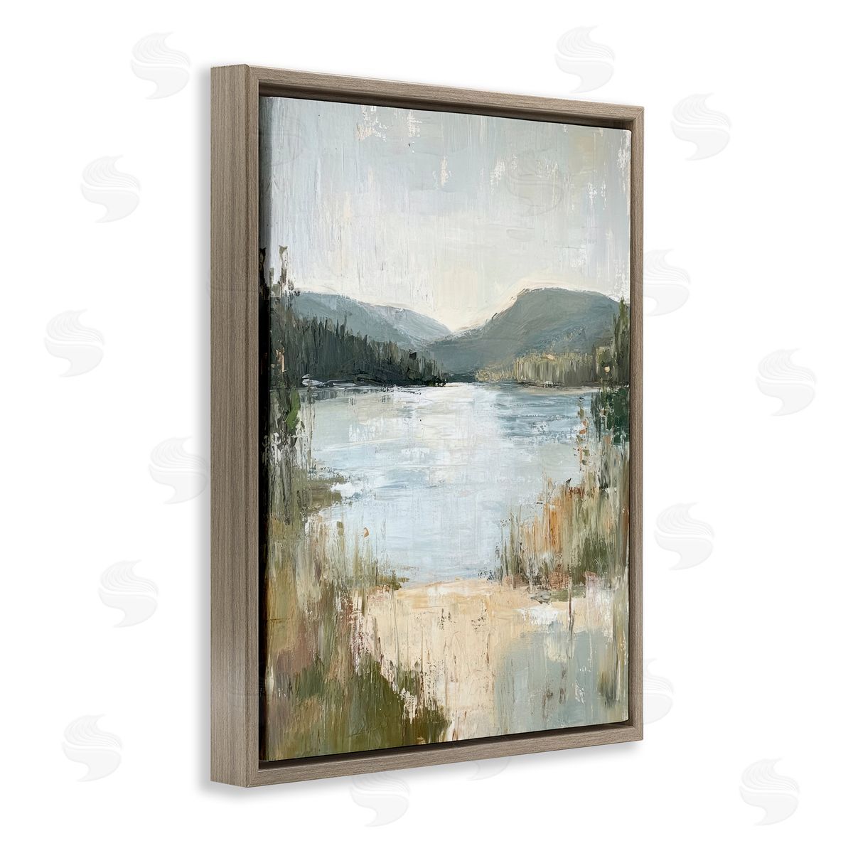 Abstract Lake Shore & Mountains Brown Floating Frame Canvas Wall Art, Home Decor by Petal Prints Design