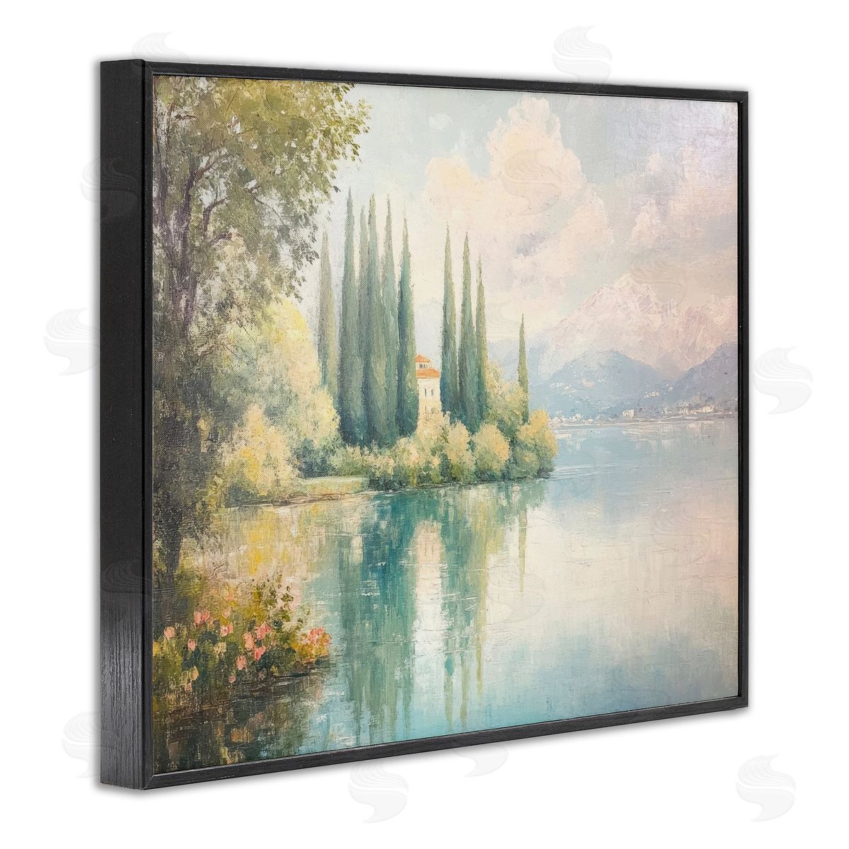 Lakeside Mansion View Black Frame Print Wall Art, Home Decor by Petal Prints Design