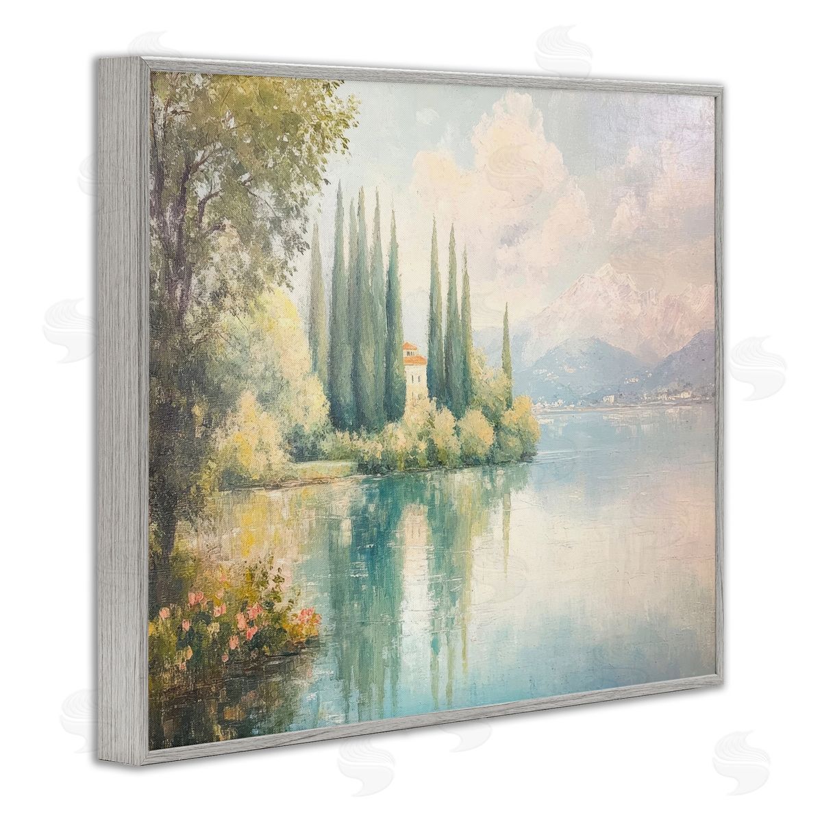 Lakeside Mansion View Grey Frame Print Wall Art, Home Decor by Petal Prints Design