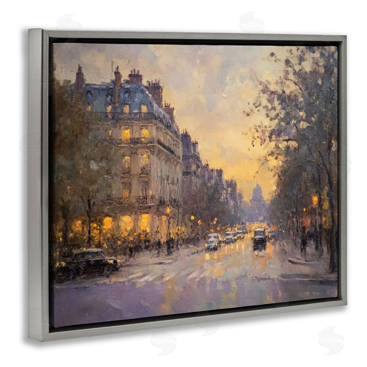 Vintage City Street View Grey Floating Frame Canvas Wall Art, Home Decor by Petal Prints Design