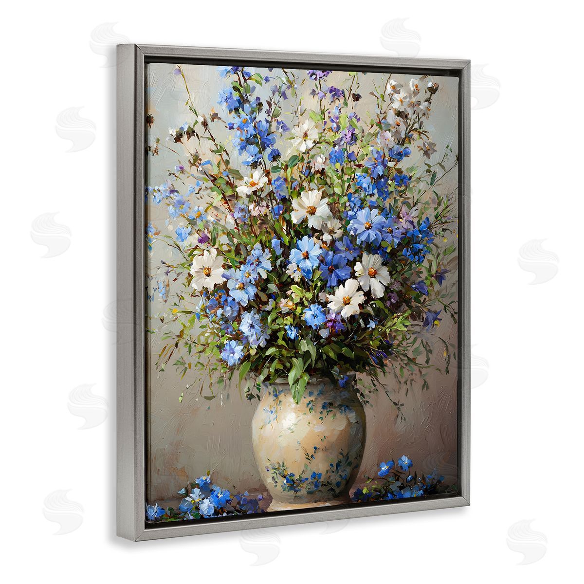 Cerulean Flower Bouquet Grey Floating Frame Canvas Wall Art, Home Decor by Franklyn Gregory