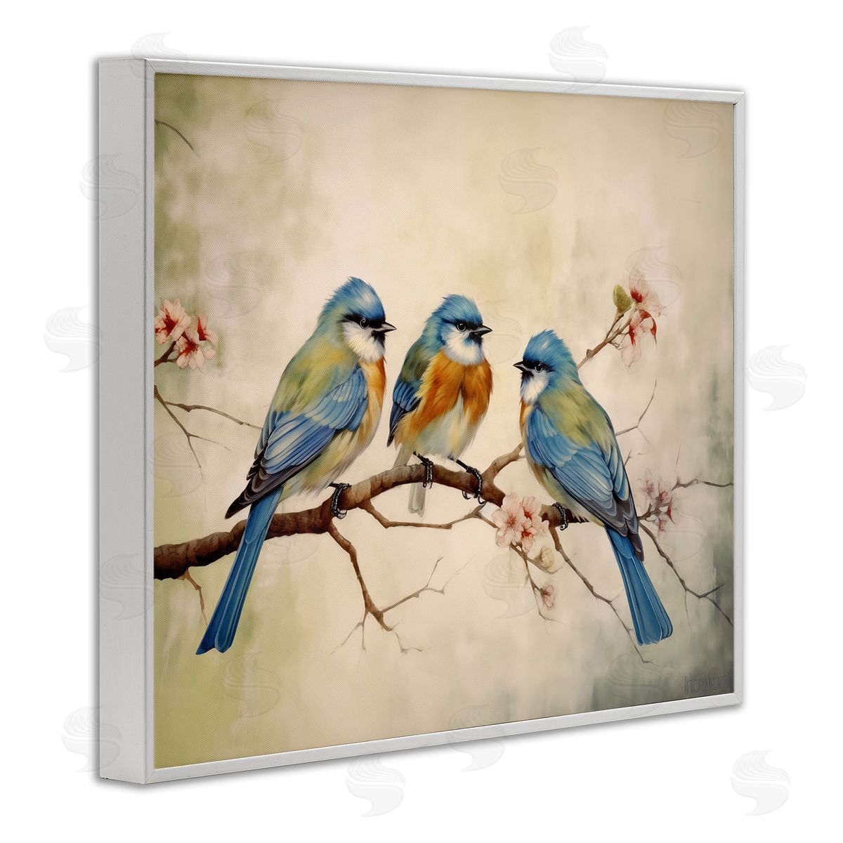 Bird Trio on Branch White Frame Print Wall Art, Home Decor by Arlington Prints