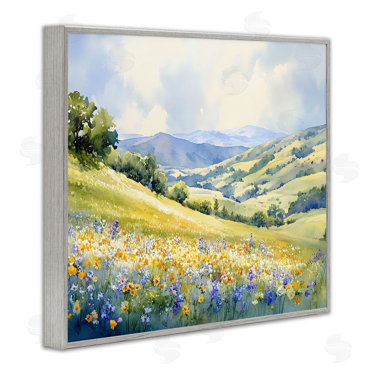 Spring Meadow with Distant Mountain Grey Frame Print Wall Art, Home Decor by Franklyn Gregory